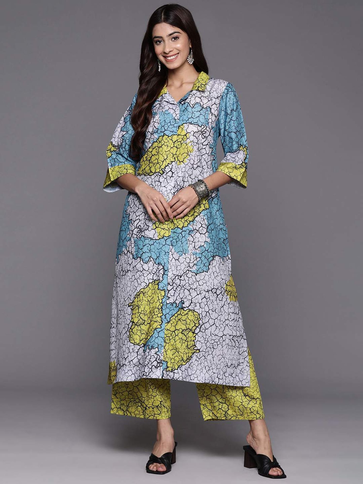 Varanga Blue & Green Cotton Printed Kurta Palazzo Set