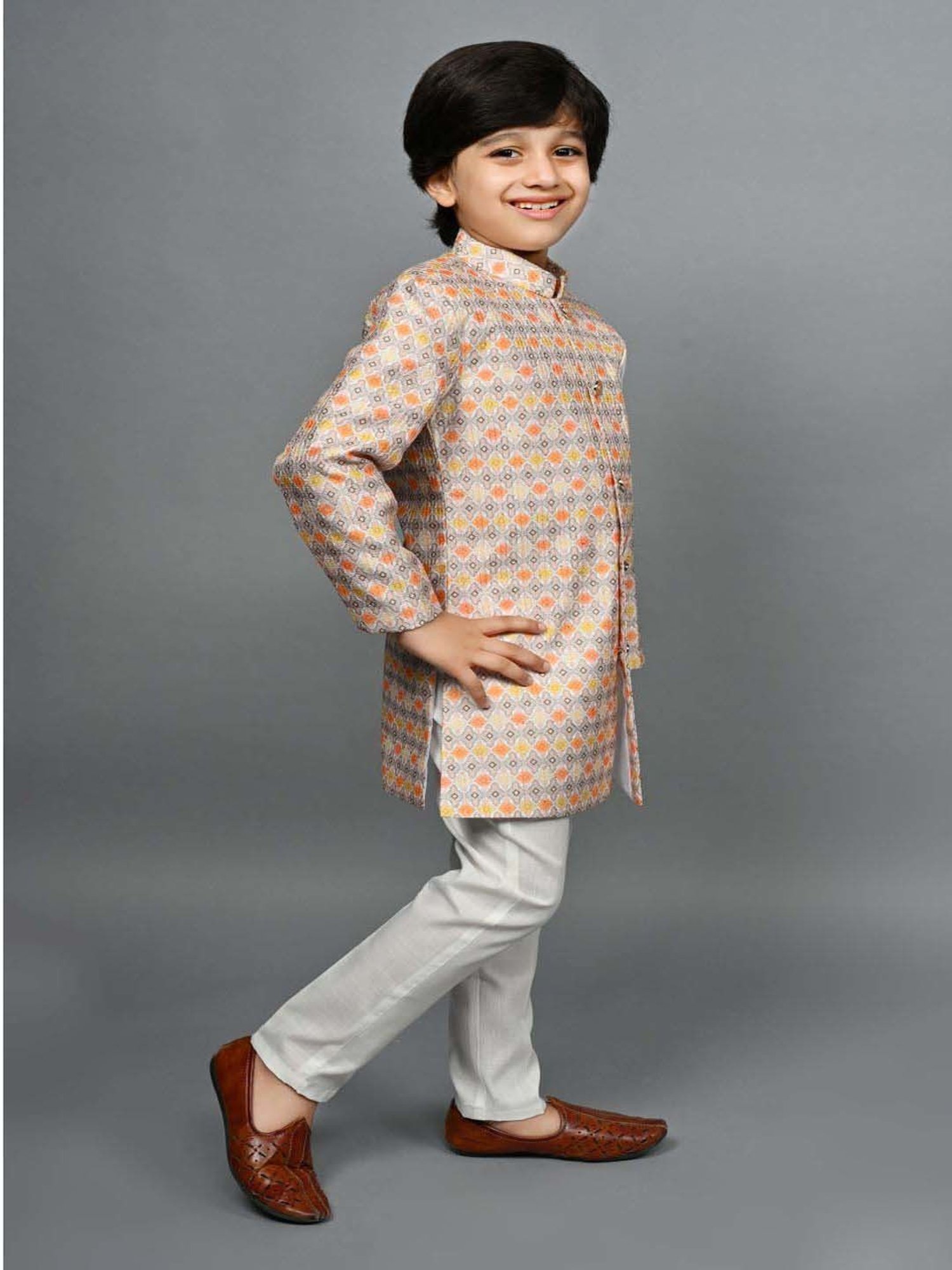 Ahhaaaa Kids Mustard & White Embroidered Full Sleeves Sherwani Set