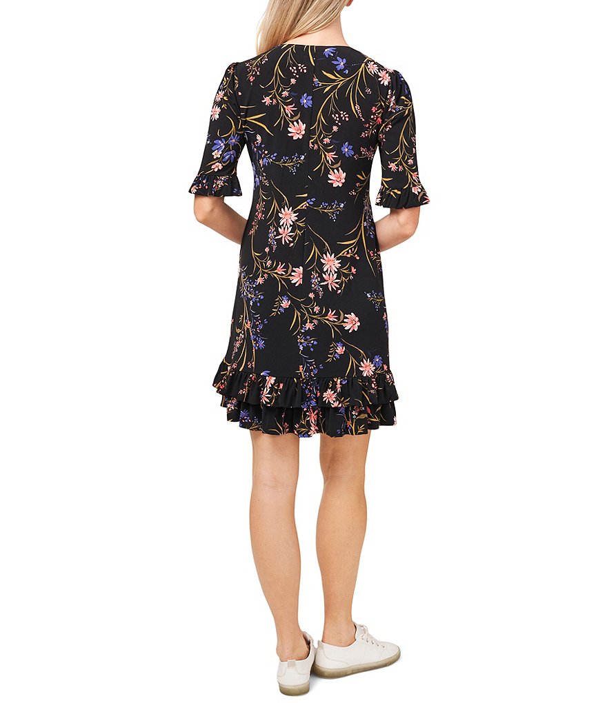 CeCe Ruffled Short Sleeve Floral Knit Dress