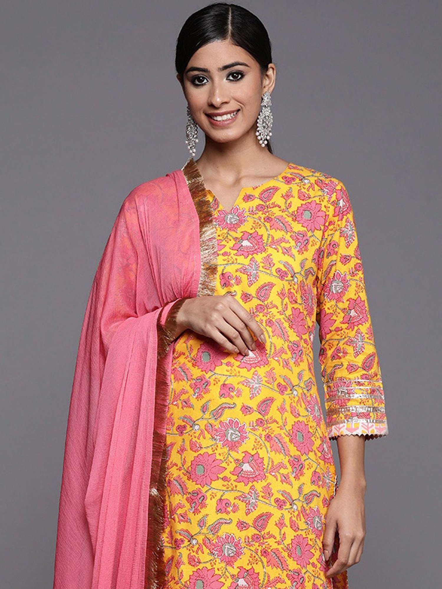 KSUT Yellow Cotton Embroidered Kurta Pant Set With Dupatta