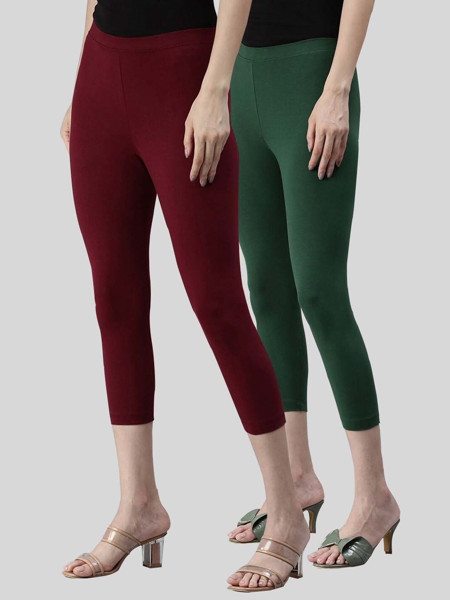 Kryptic Maroon & Green Cotton Soild Crop Length Leggings - Pack Of 2