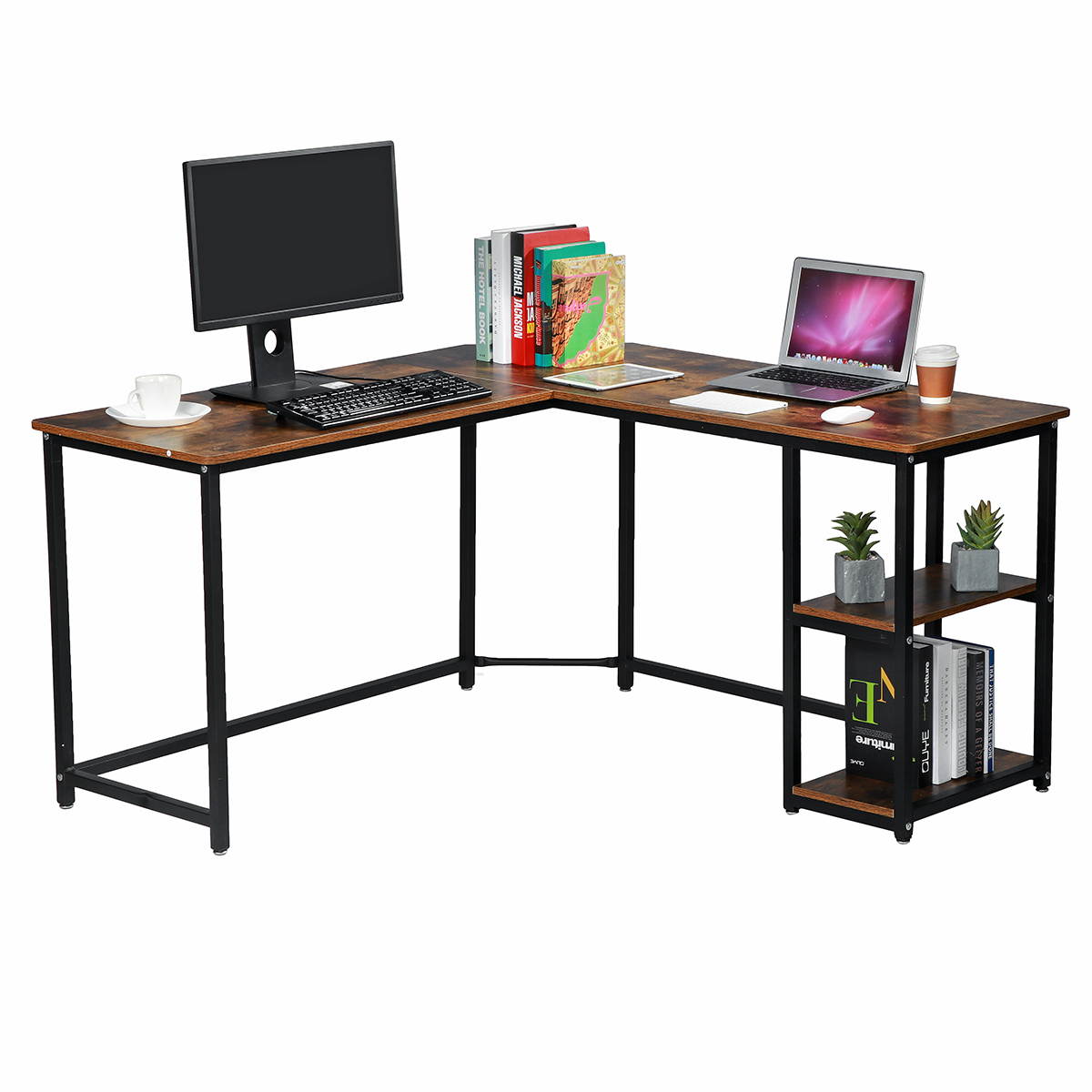 54.3" Industrial Rustic L Shaped Computer Desk with Shelves Home Office Gaming Table