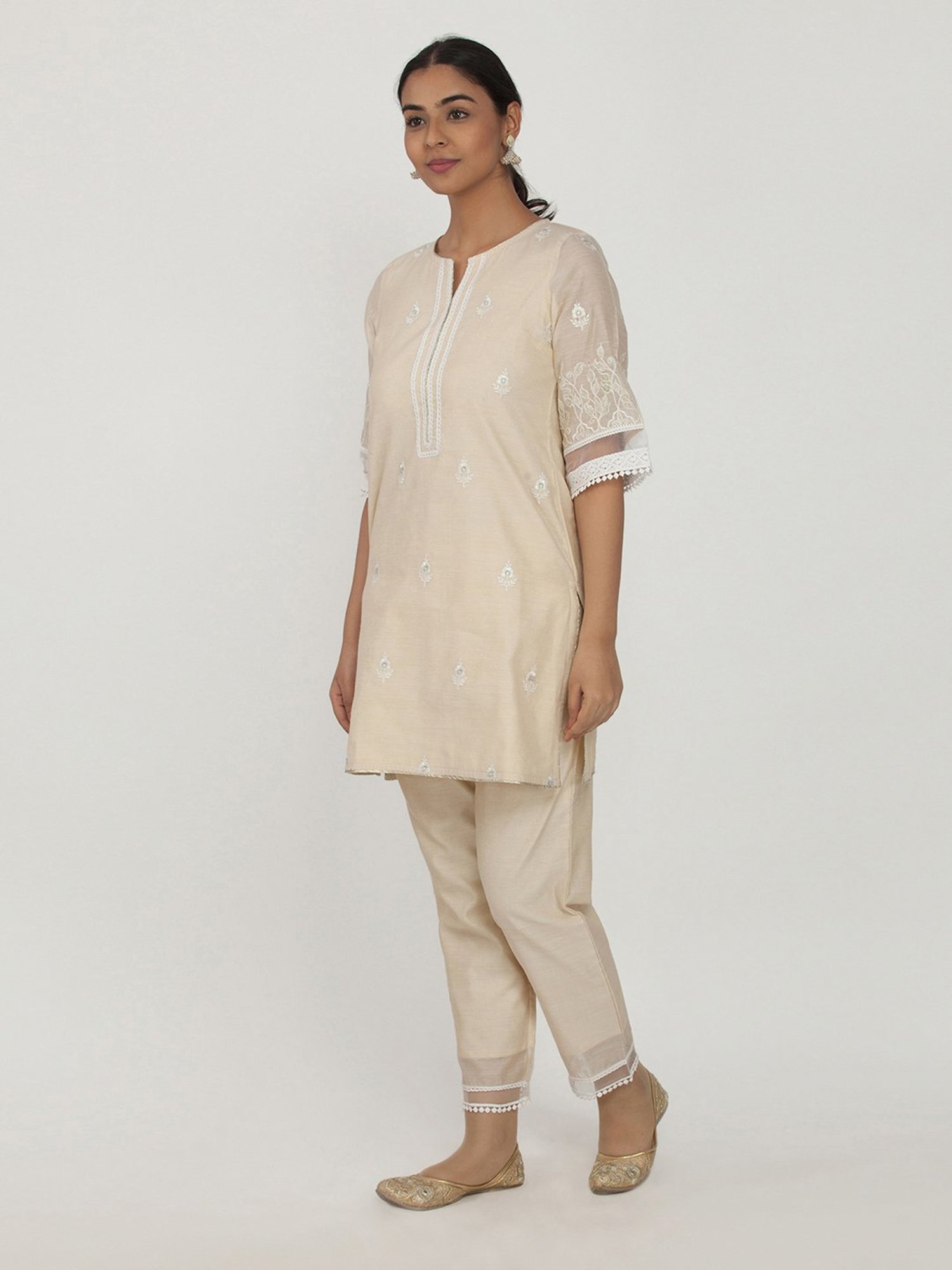 Paislei Beige Embroidered Kurta Pant Set