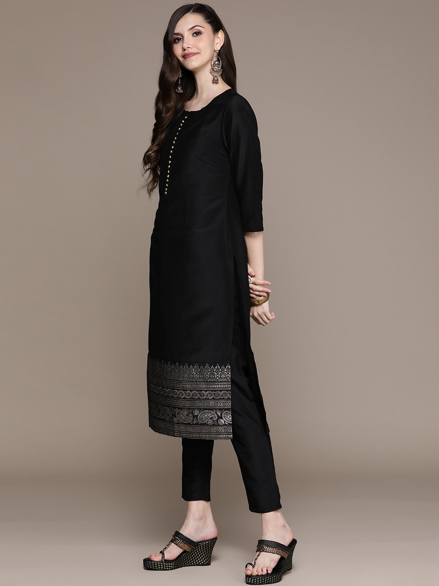 Ziyaa Black Woven Pattern Kurta Pant Set With Dupatta