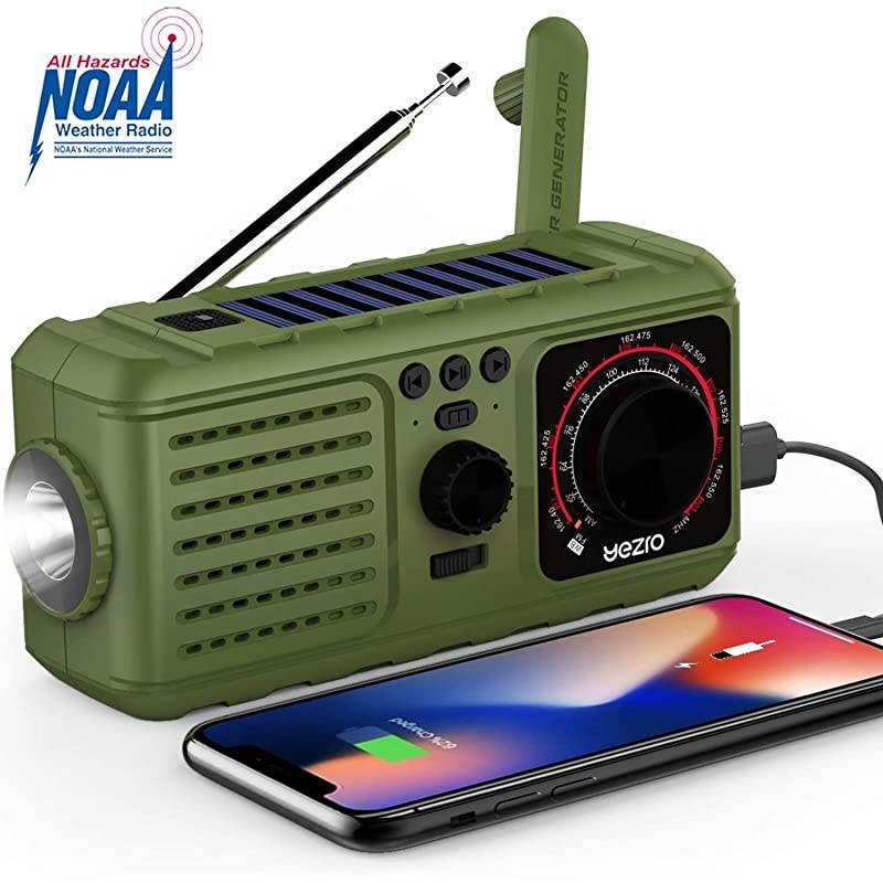 Solar Crank Emergency Radio  NOAAAMFM Portable Weather Radios with Flashlight SOS Alarm USB Phone Charger MP3 Player 2200mHA Power Bank for Home Outdoor Green