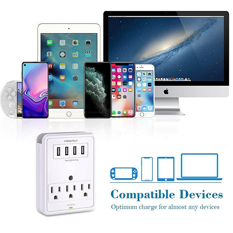 Multi Wall Outlet Adapter Surge Protector 1680 Joules with 4USB Ports Wall Charger Wall Mount Charging Center 3 Outlet Wall Mount Adapter for Home School Office ETL Certified