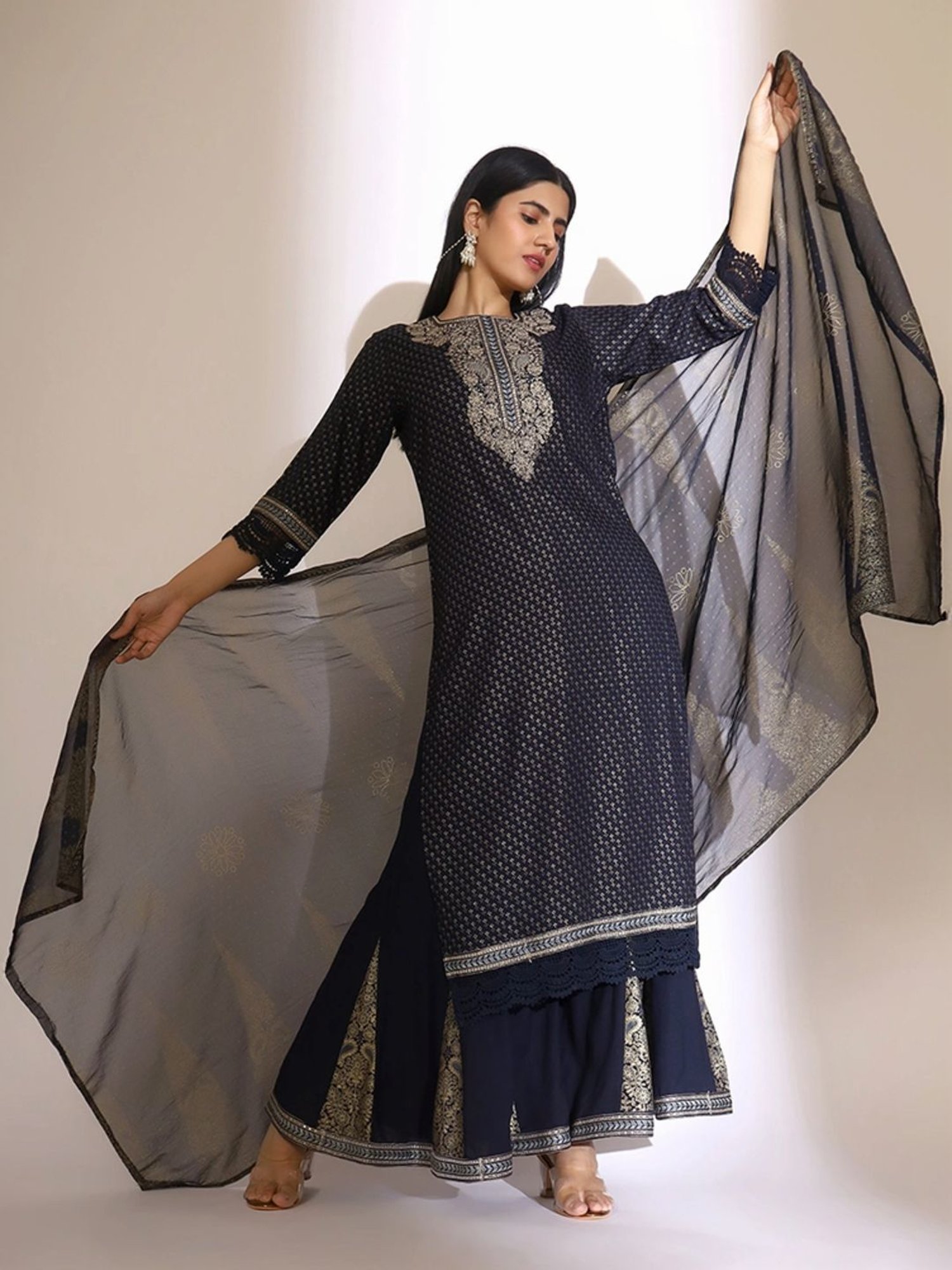 Ishin Navy Embroidered Kurta & Palazzo Set with Dupatta