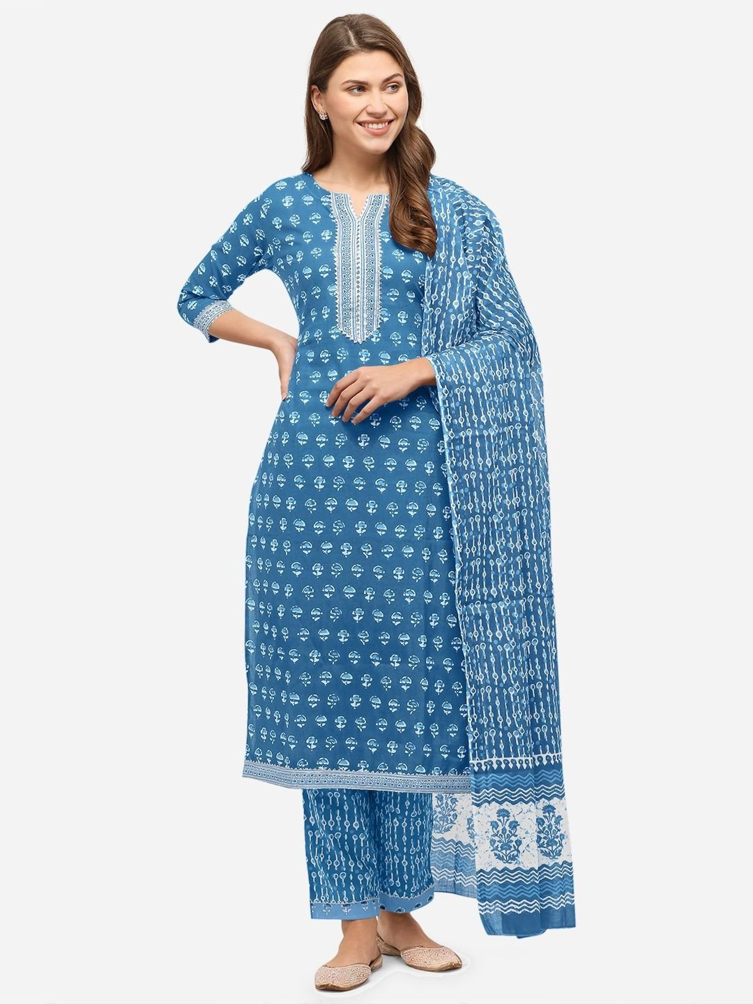 MIRCHI FASHION Cotton Blue Printed Kurta Pant Set With Dupatta