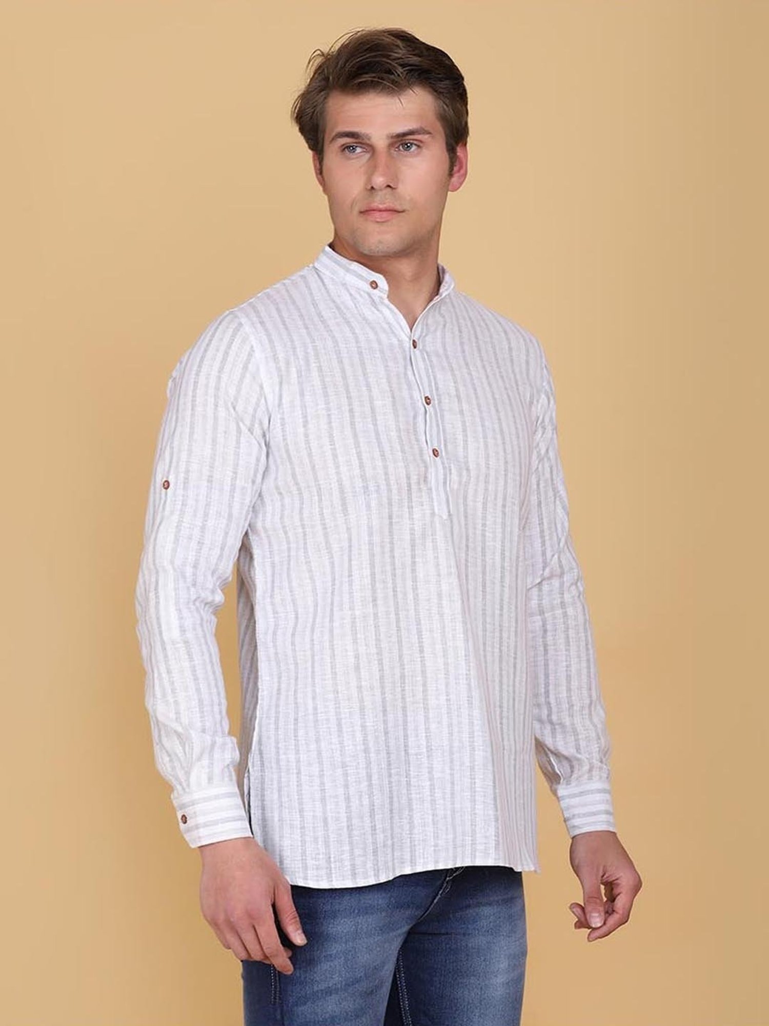 TAHVO Grey Cotton Slim Fit Striped Shirt