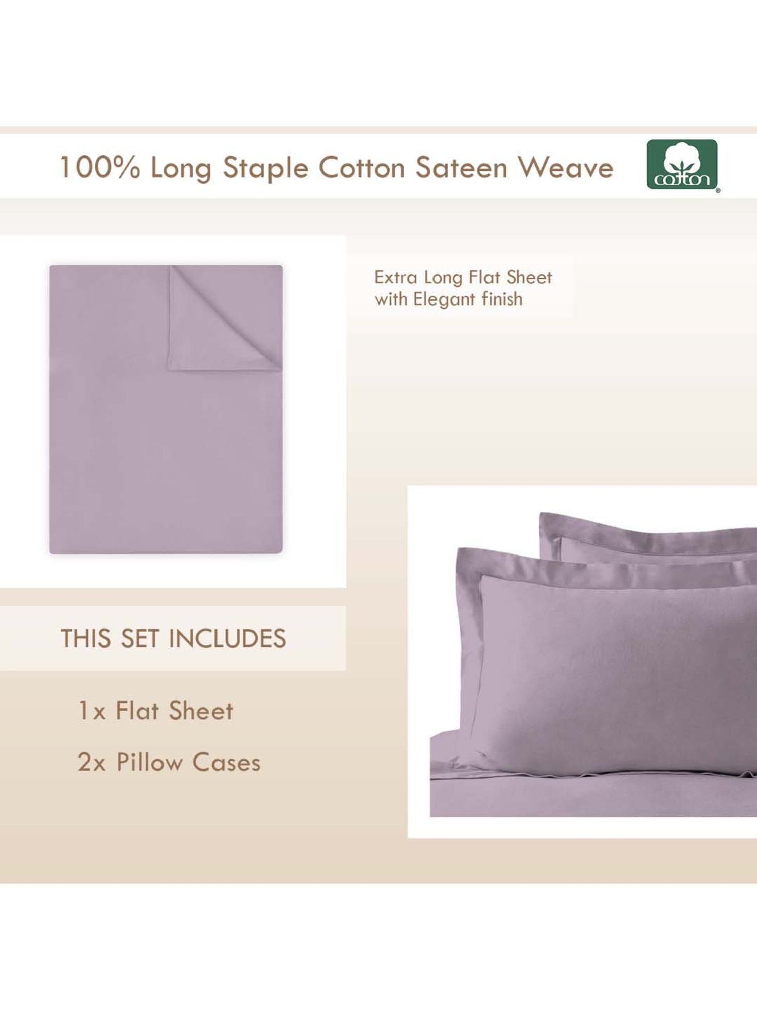 Pizuna 400TC 100% Cotton Lavender Frost Flat Bed Sheet King Size With 2 Pillow Cover