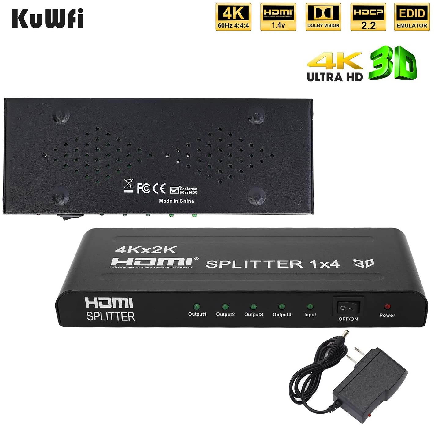 4K 3D HDMI Splitter 1 in 4 Out HDMI Switch Splitter with Metal Box and 24K Gold-Plated Connectors Support 4K 30Hz Ultra HD 3D 1080P Compatible with PS4 DLP Xbox DVD Player Blu-ray HDTV