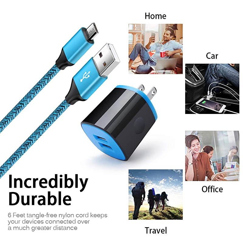 Phone Wall Charger Micro USB Cable, Charger Head Charge Block with 6ft Fast Charging Cord Compatible for Samsung Galaxy S7 S6 Active J3 S5 S2 J7 J7V J5 J3 J3V J2, Moto E5 E4 G4 G5S G6/G6 Play