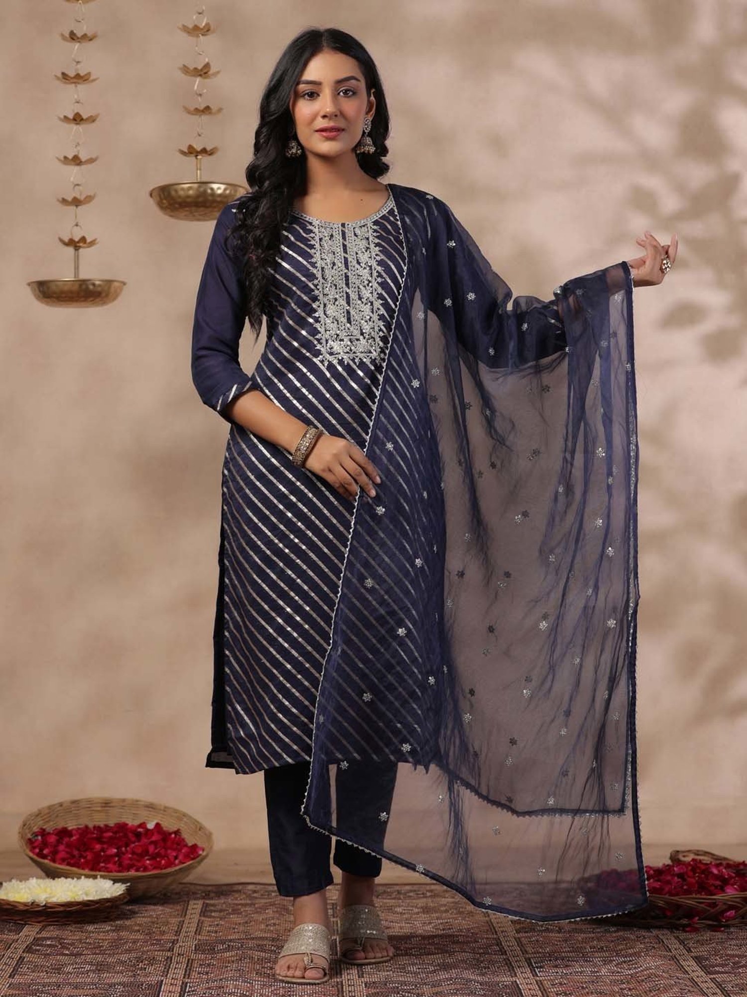 Ishin Navy Embroidered Kurta With Pant & Dupatta