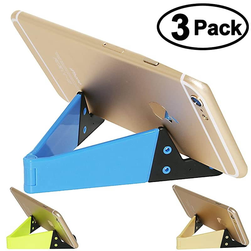 V Cell Phone Stands, Tablet Stands, Mobile Cellphone Holders, Smartphone Stand for Desk Desktop Table &ndash; Universal, Foldable, Pocket-Sized, Plastic, 3 Packs, Fluorescent, Blue, Light Yellow