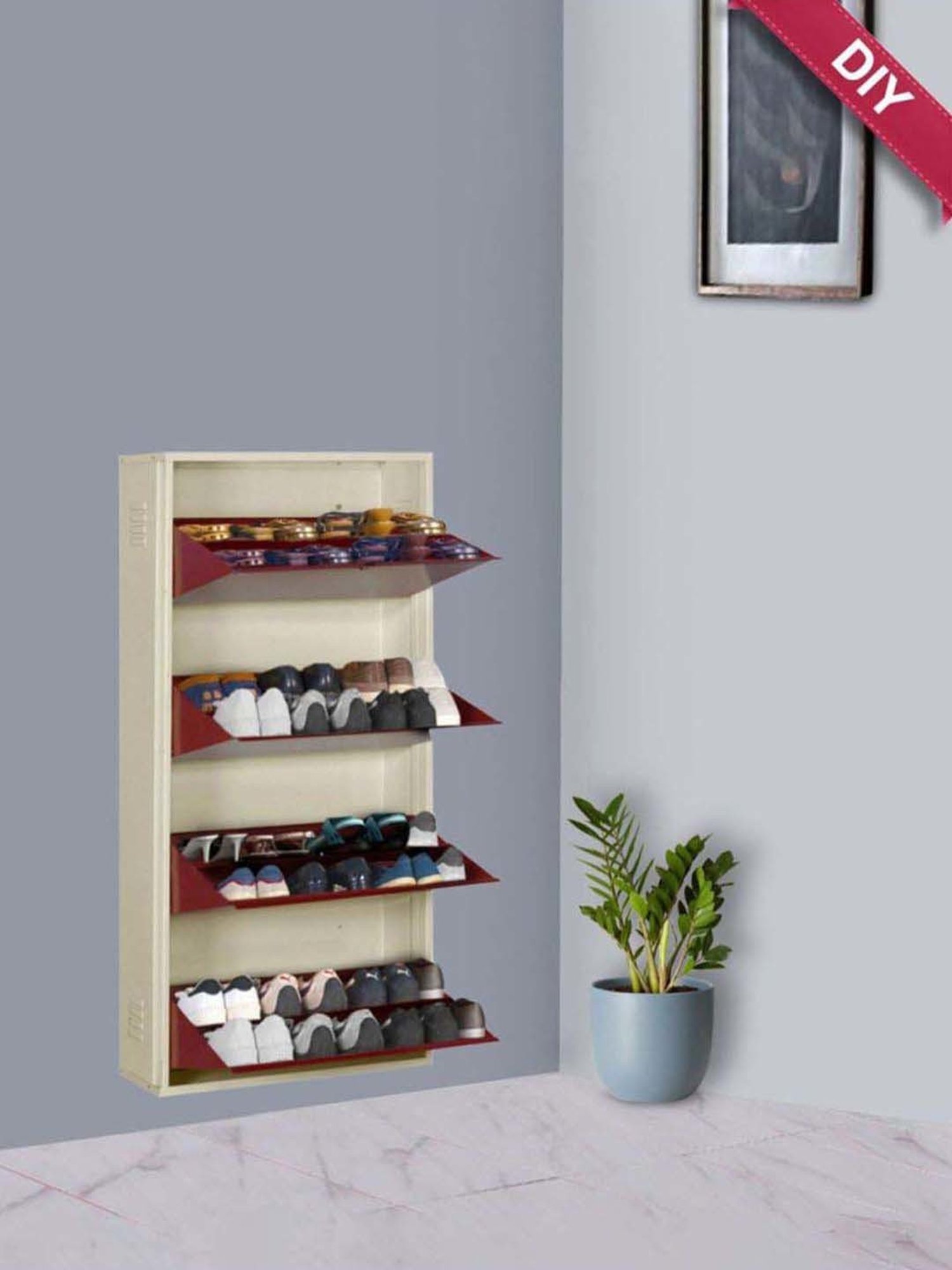 Delite Kom Metal Shoe Rack - 24" 10 Shelf, Double Decker, Ivory, PowderCoat, Wall Mount, DIY