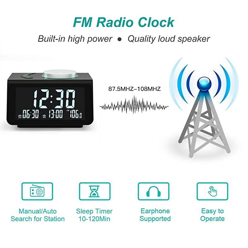 Small Digital Alarm Clock Radio FM RadioDual USB Charging PortsDual Alarms with 7 Alarm SoundsAdjustable VolumeTemperature5 Level Brightness DimmerBattery BackupBedrooms Sleep Timer