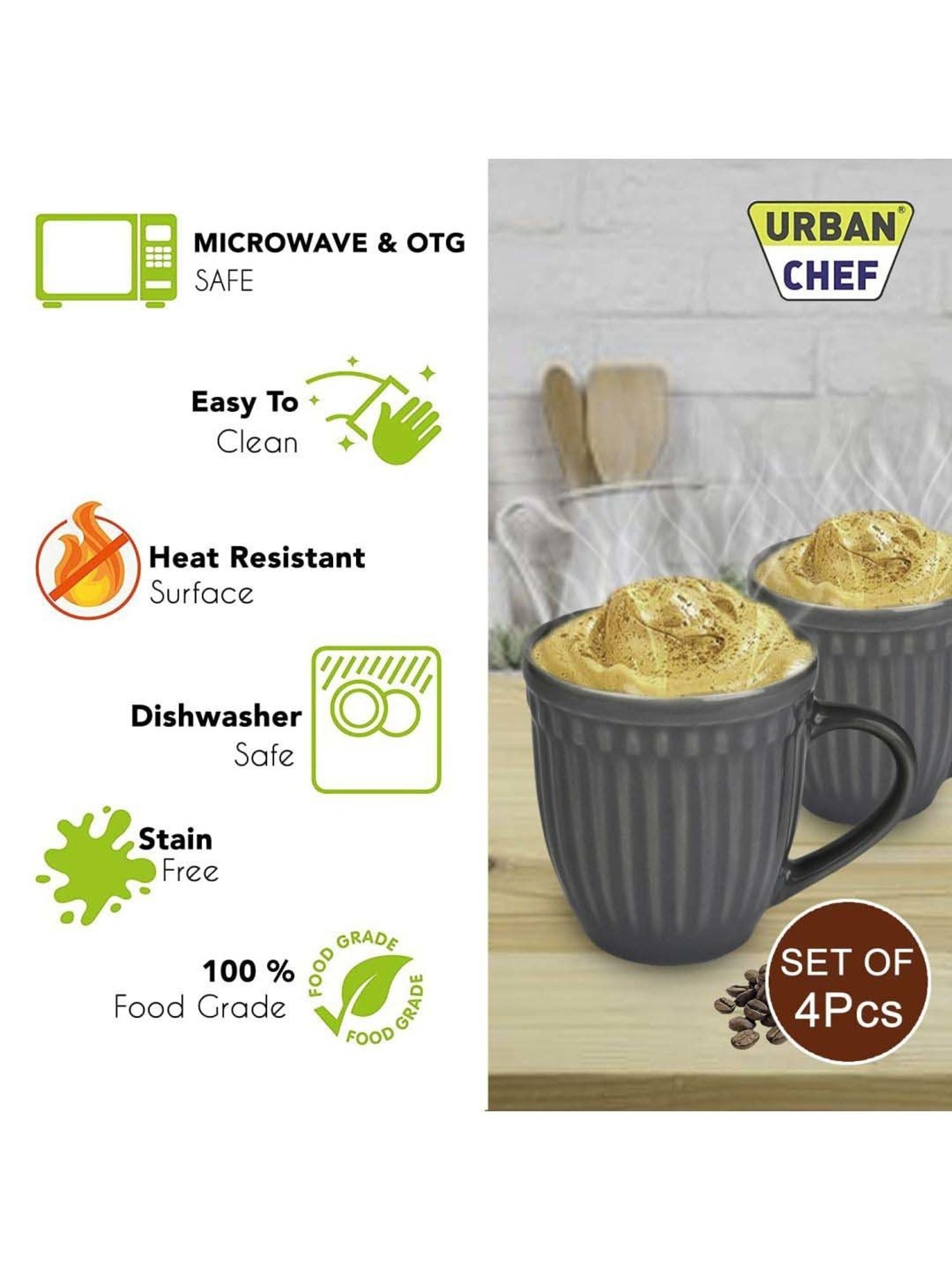 Urban Chef Grey Ceramic Handcrafted Microwave Safe Tea Cup - Set of 4
