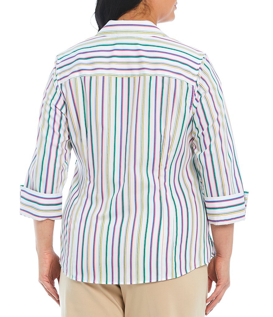 Investments Plus Size Taylor Gold Label Non-Iron Point Collar Y-Neck 3/4 Sleeve Button Front Striped Shirt