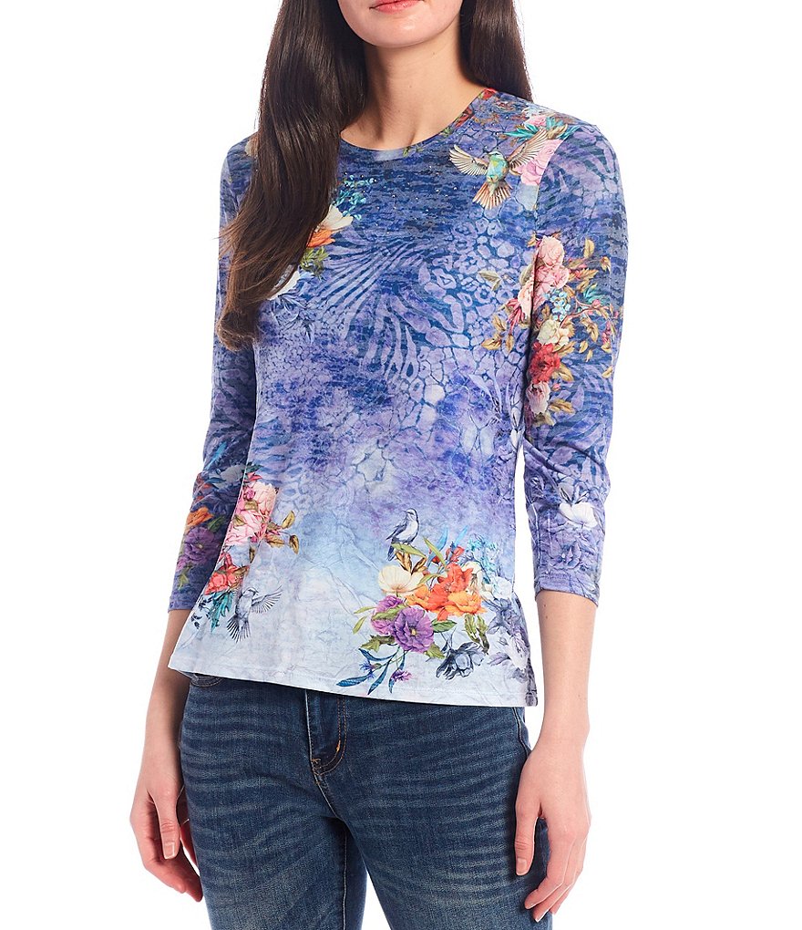 Reba Crystal Embellished Floral And Bird Print 3/4 Sleeve Burnout Jersey Knit Tee