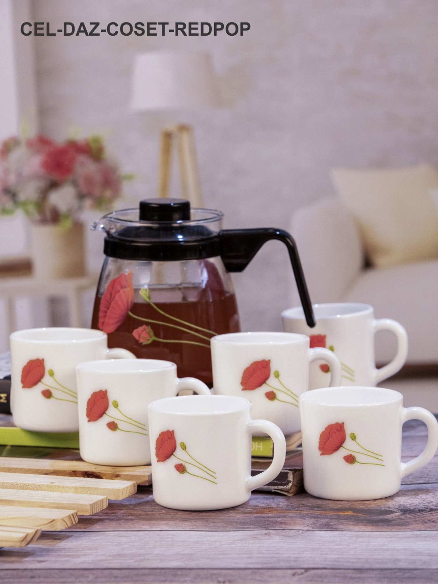 Cello Floral Multicolor Opalware Tea Set - Set of 6 Cups (180ml) & 1 Tea Pot (750ml)