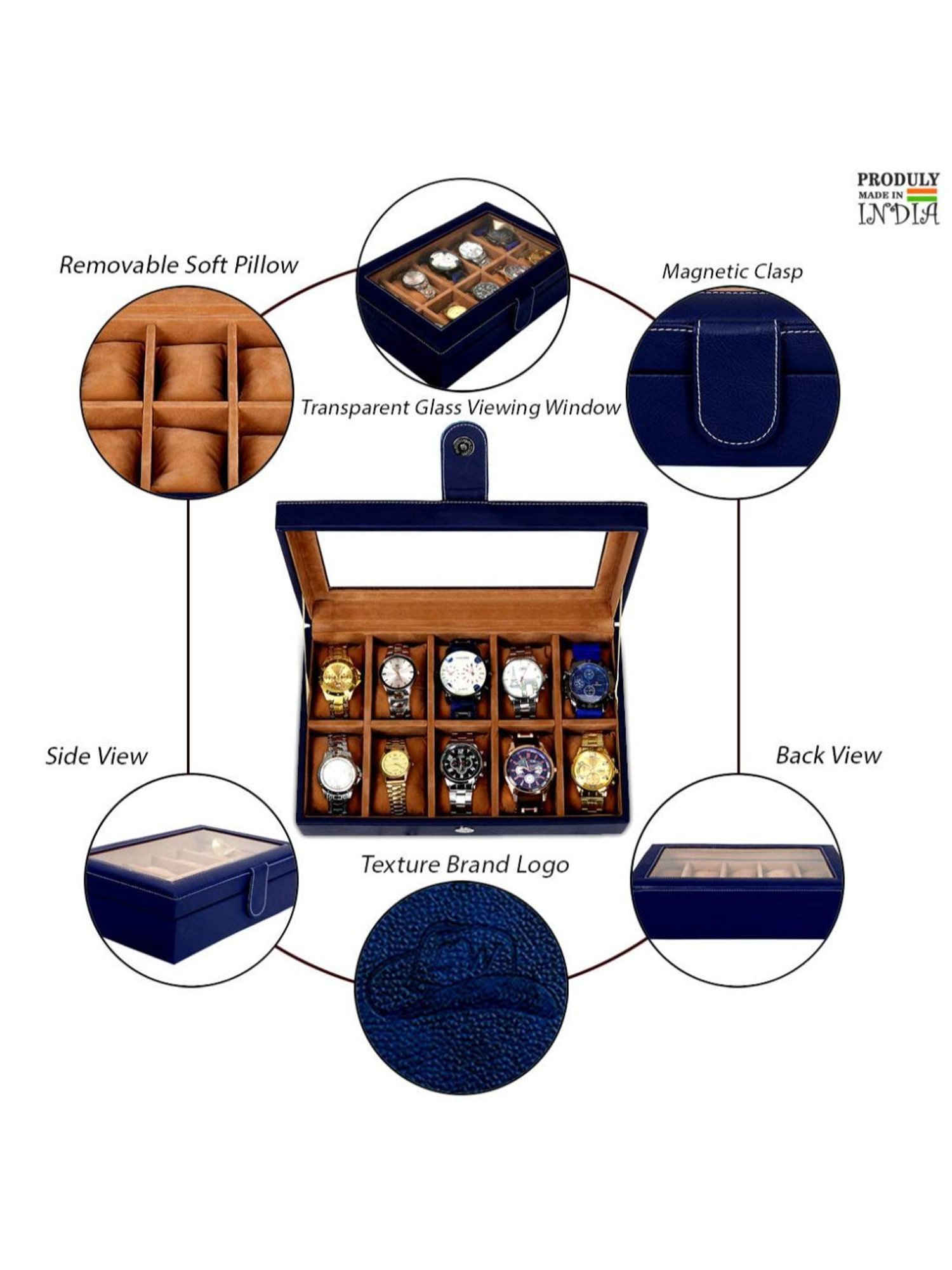 Leather World Blue Watch Box Holder Organizer Case in 10 Slots