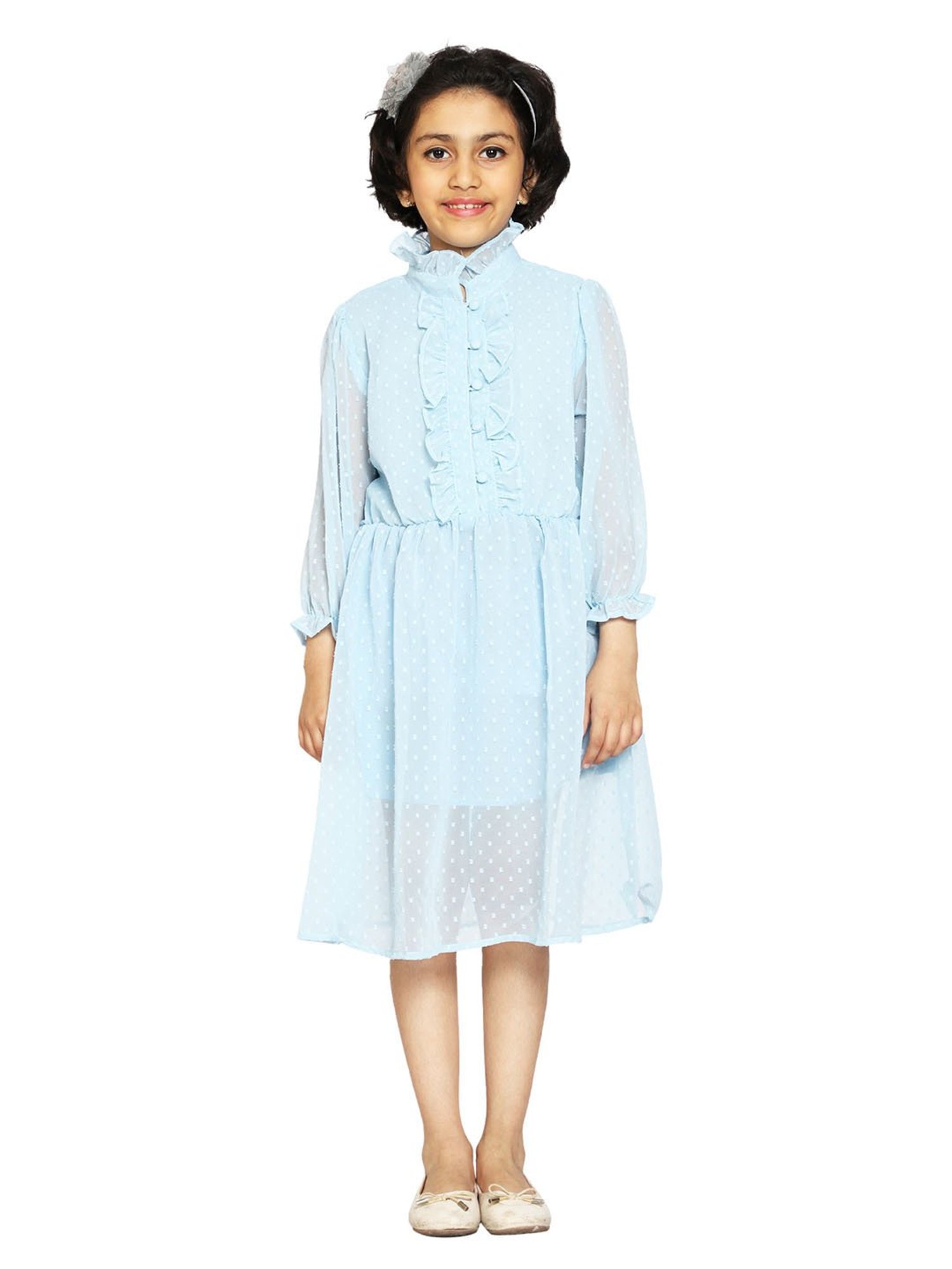Kiddopanti Kids Blue Self Design Full Sleeves Dress