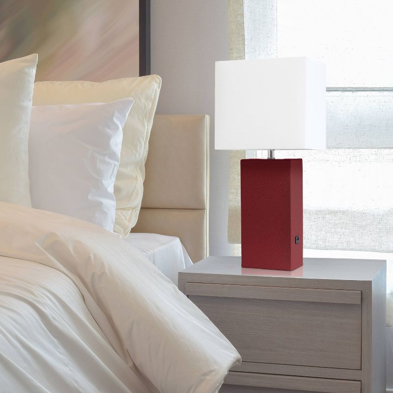 Modern Leather Table Lamp with USB and Fabric Shade Red - Elegant Designs