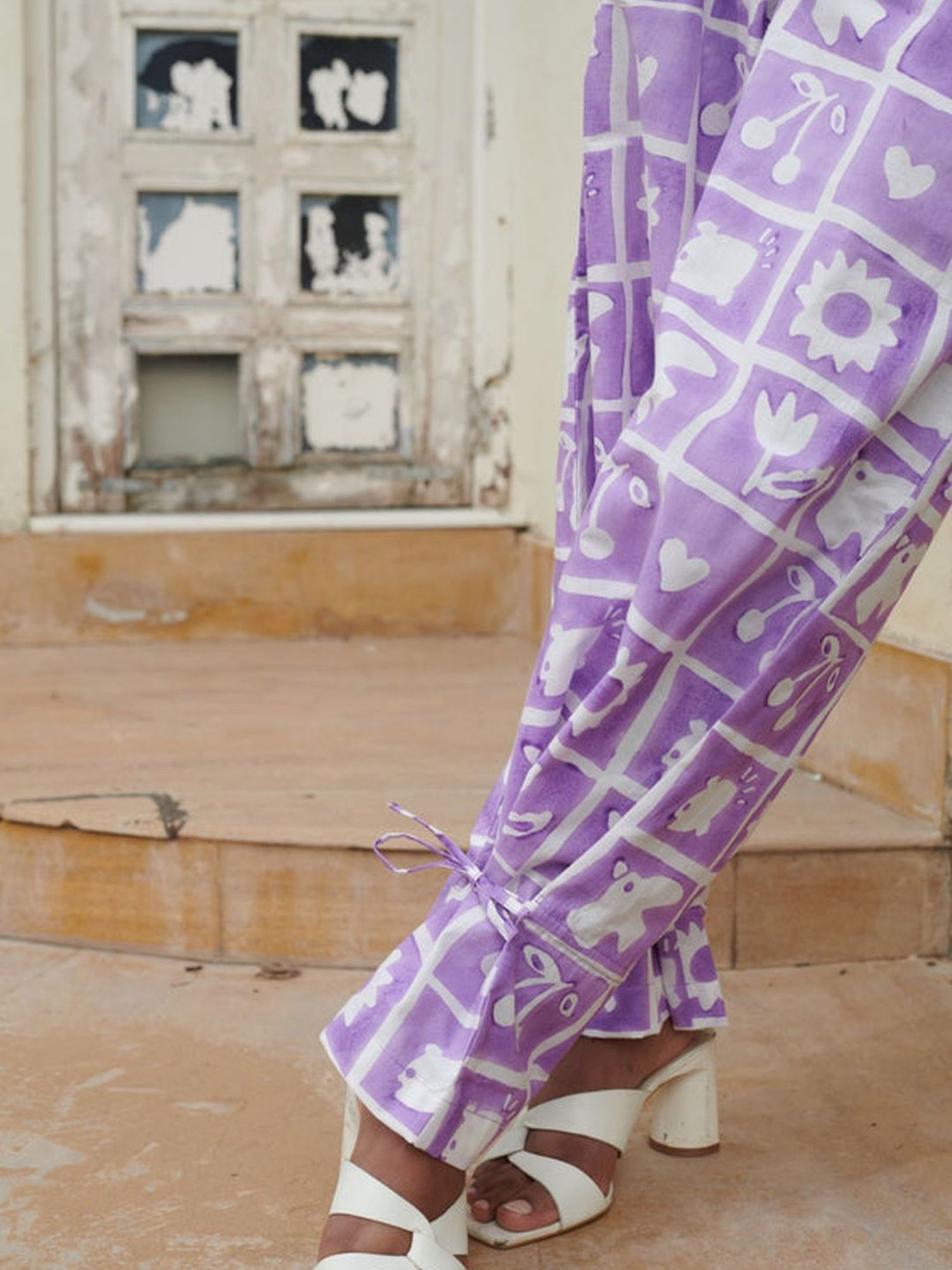 Khajoor Studio Purple & White Sundaze Hakuna Matata High Tea Tie Trousers