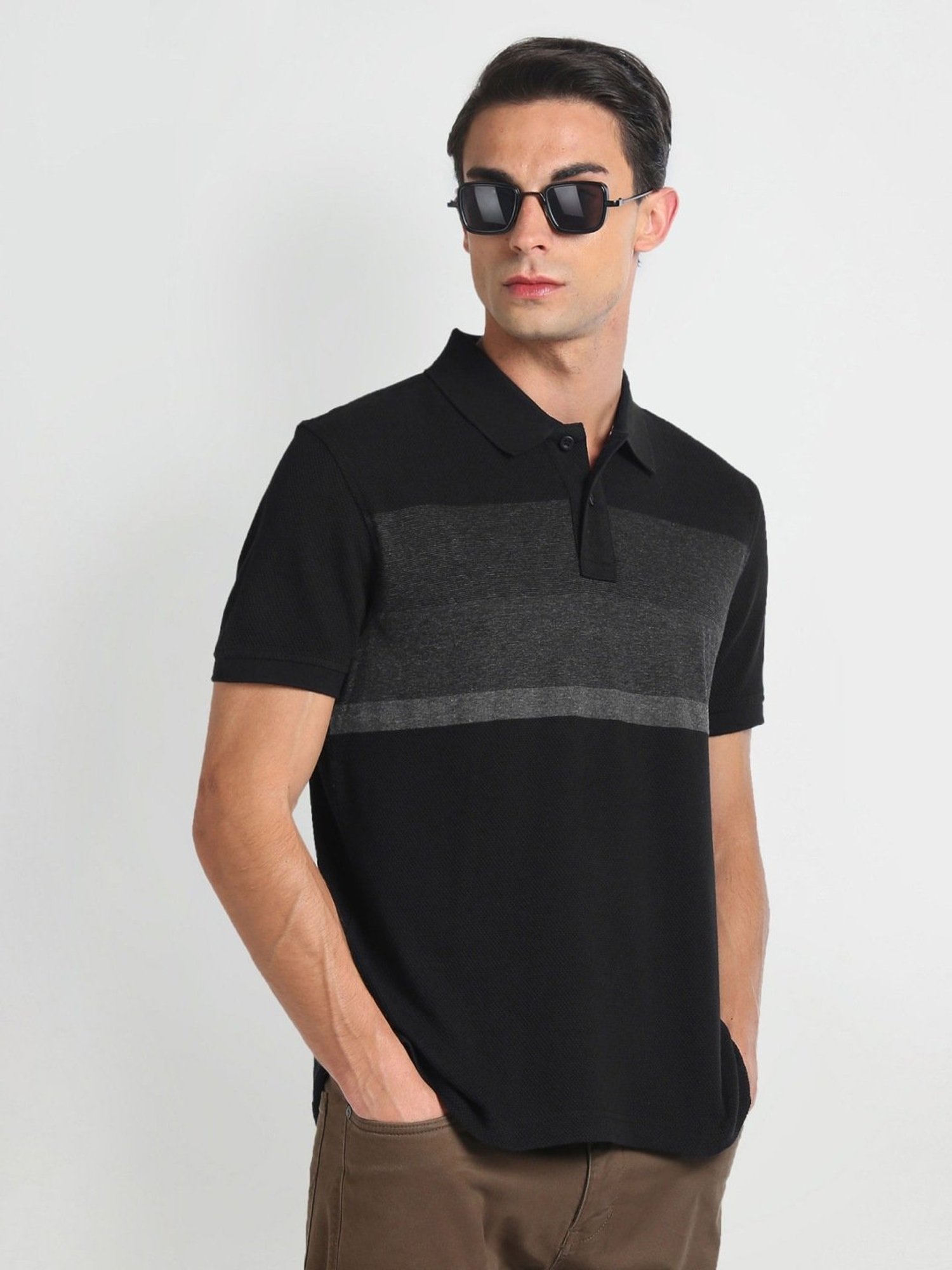 Arrow Sports Black Cotton Regular Fit Colour Block Polo T-Shirt