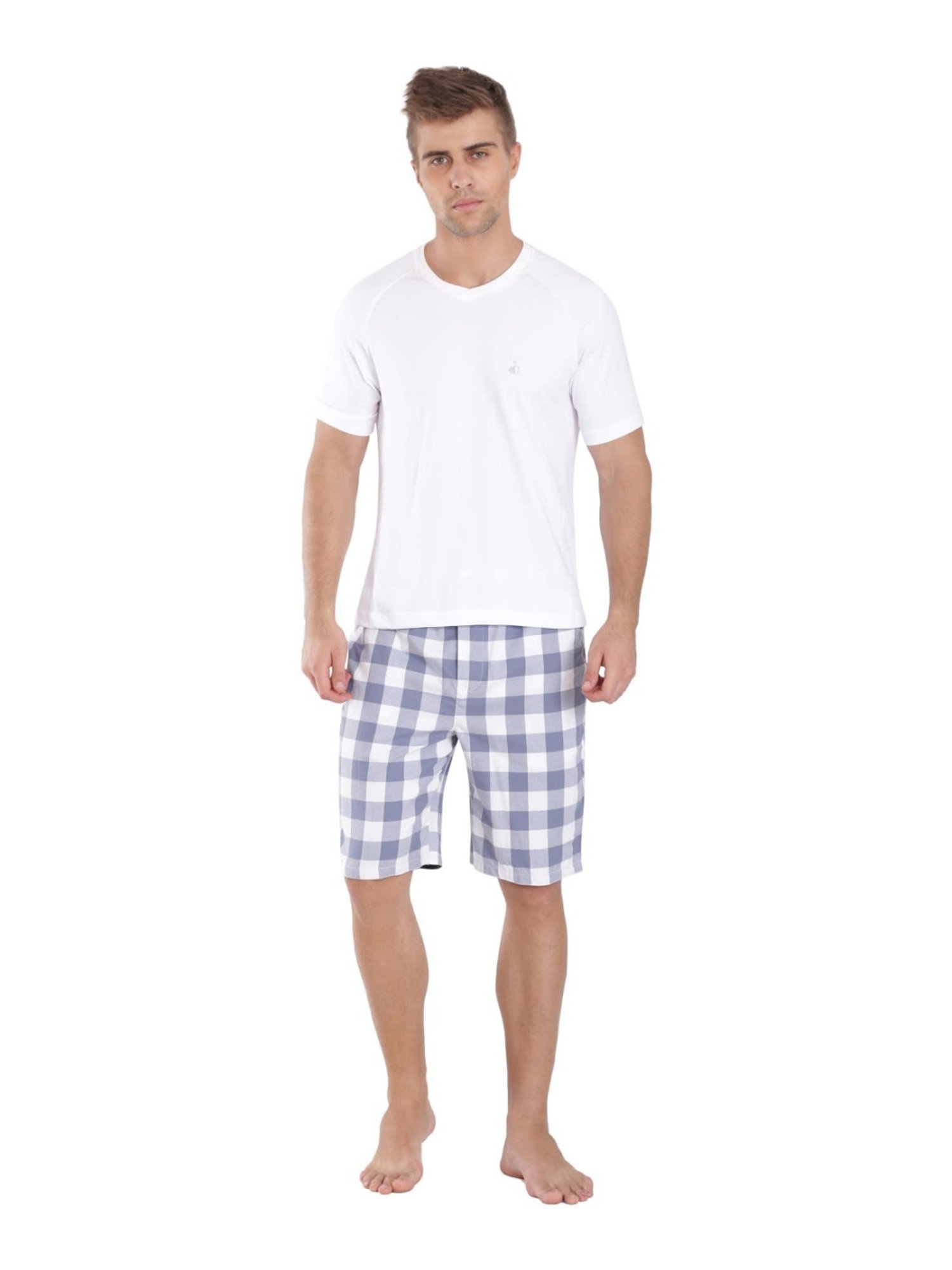 Jockey US88 White & Blue Combed Mercerised Cotton Bermuda Shorts with Side Pocket (Prints May Vary)