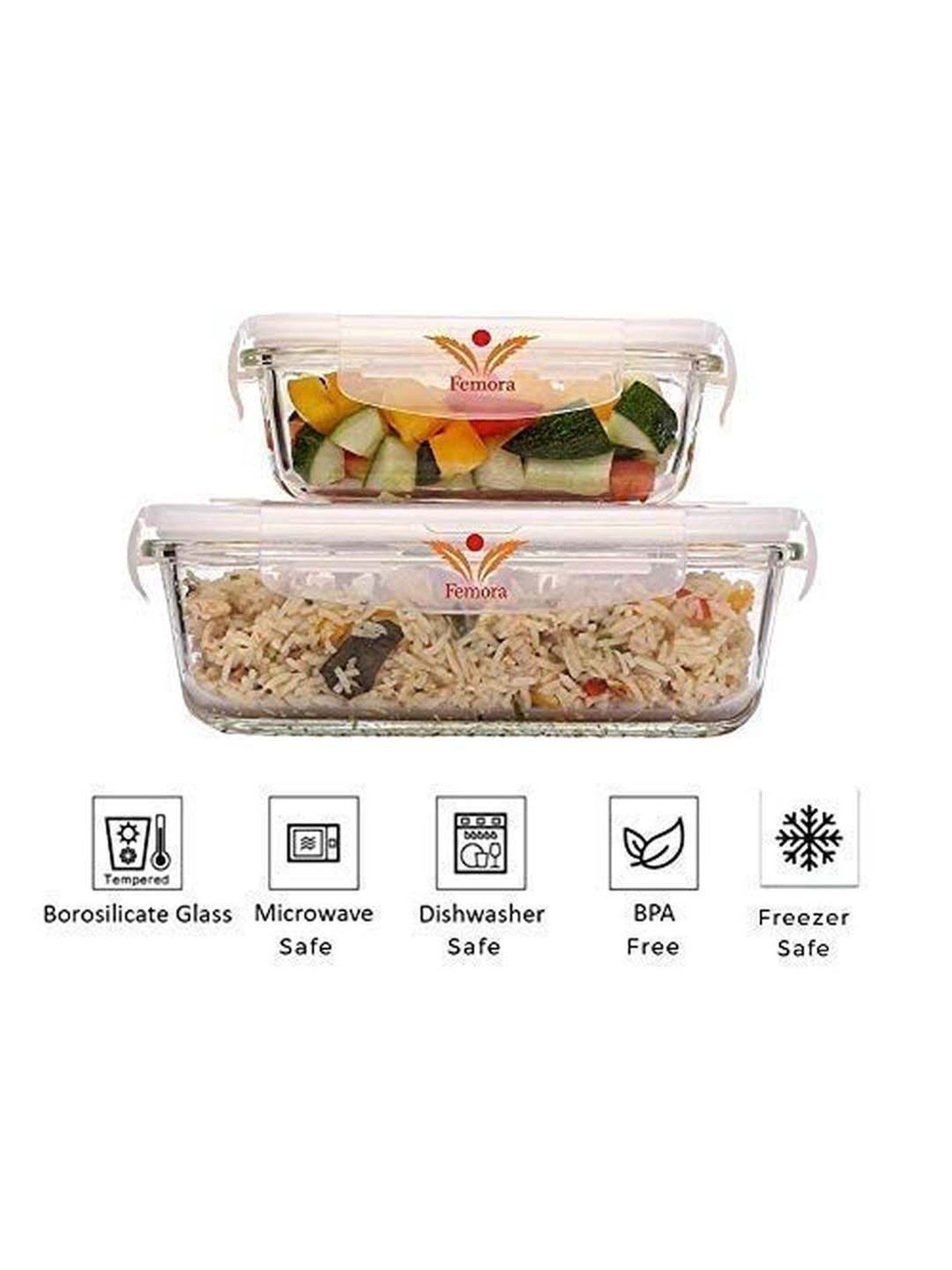 Femora Borosilicate Rectangle Glass Food Storage Container with Air Vent Lid-400ml,620ml(Set of 2)