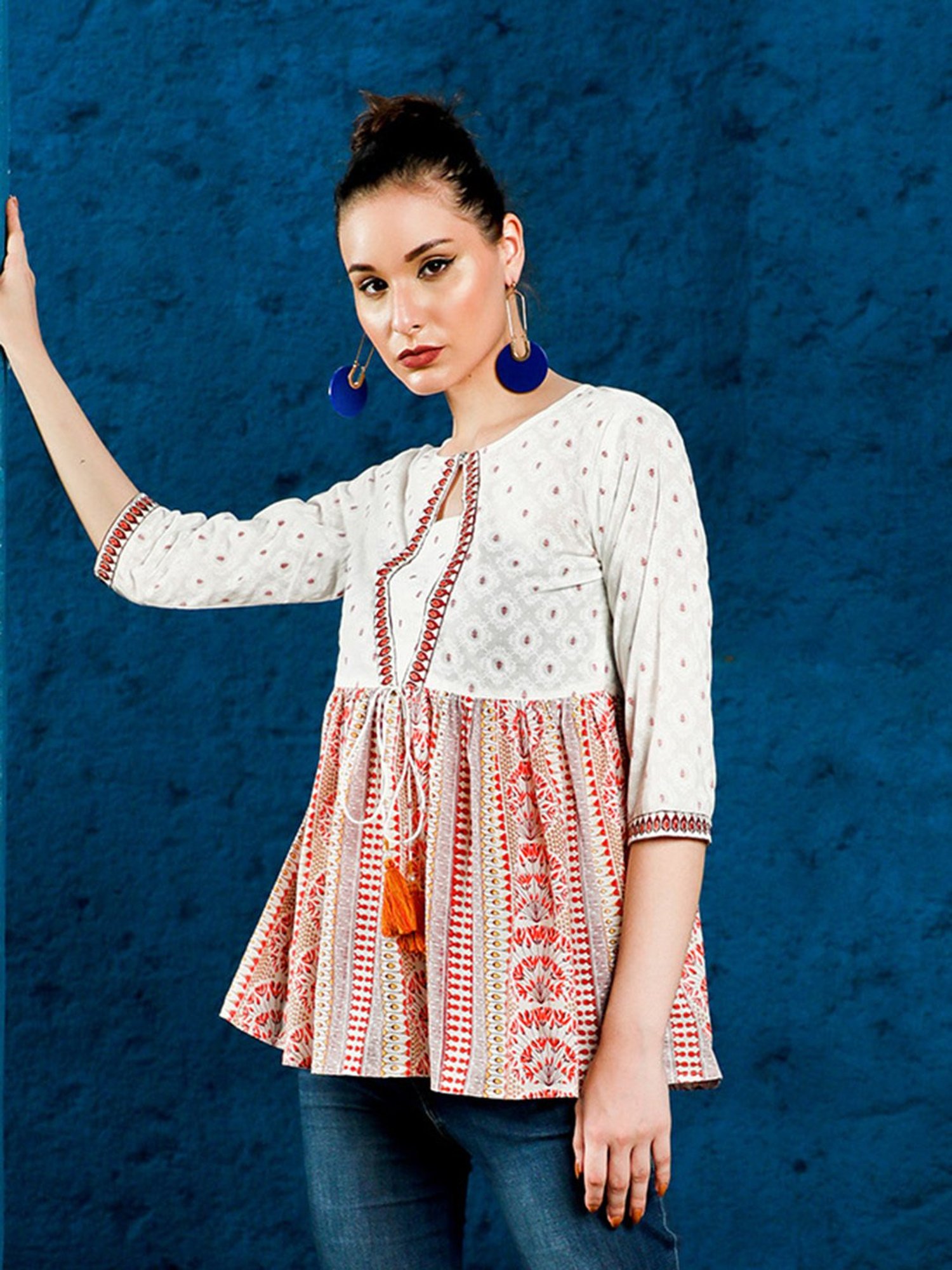 Jaipur Kurti White & Maroon Printed Peplum Top