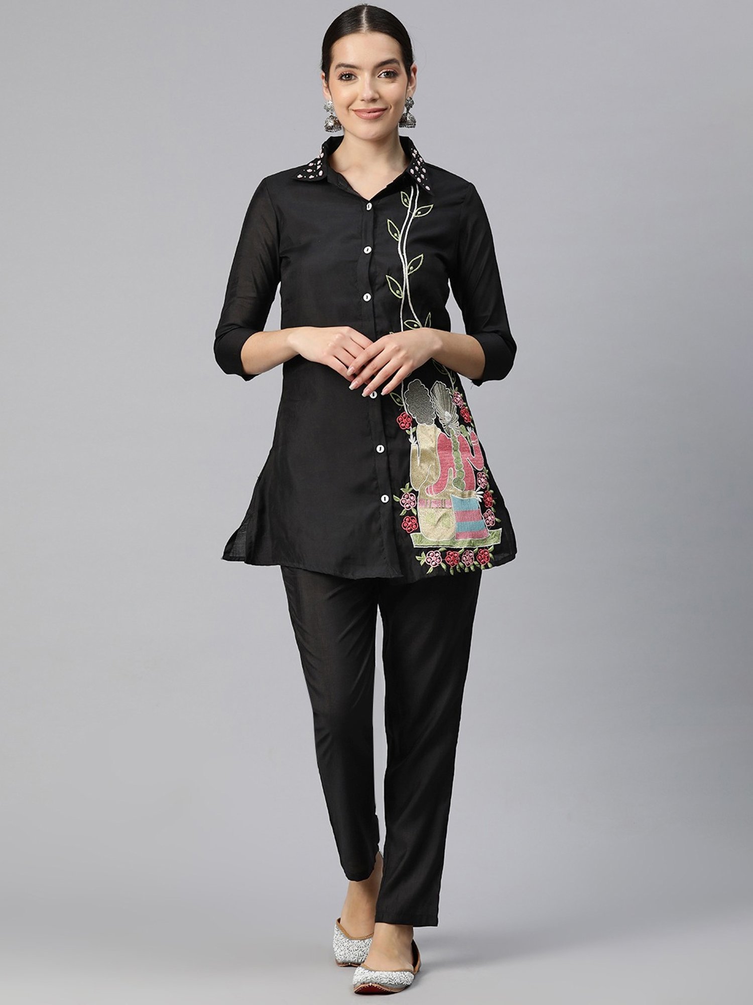 READIPRINT FASHIONS Black Embroidered Shirt Pant Set