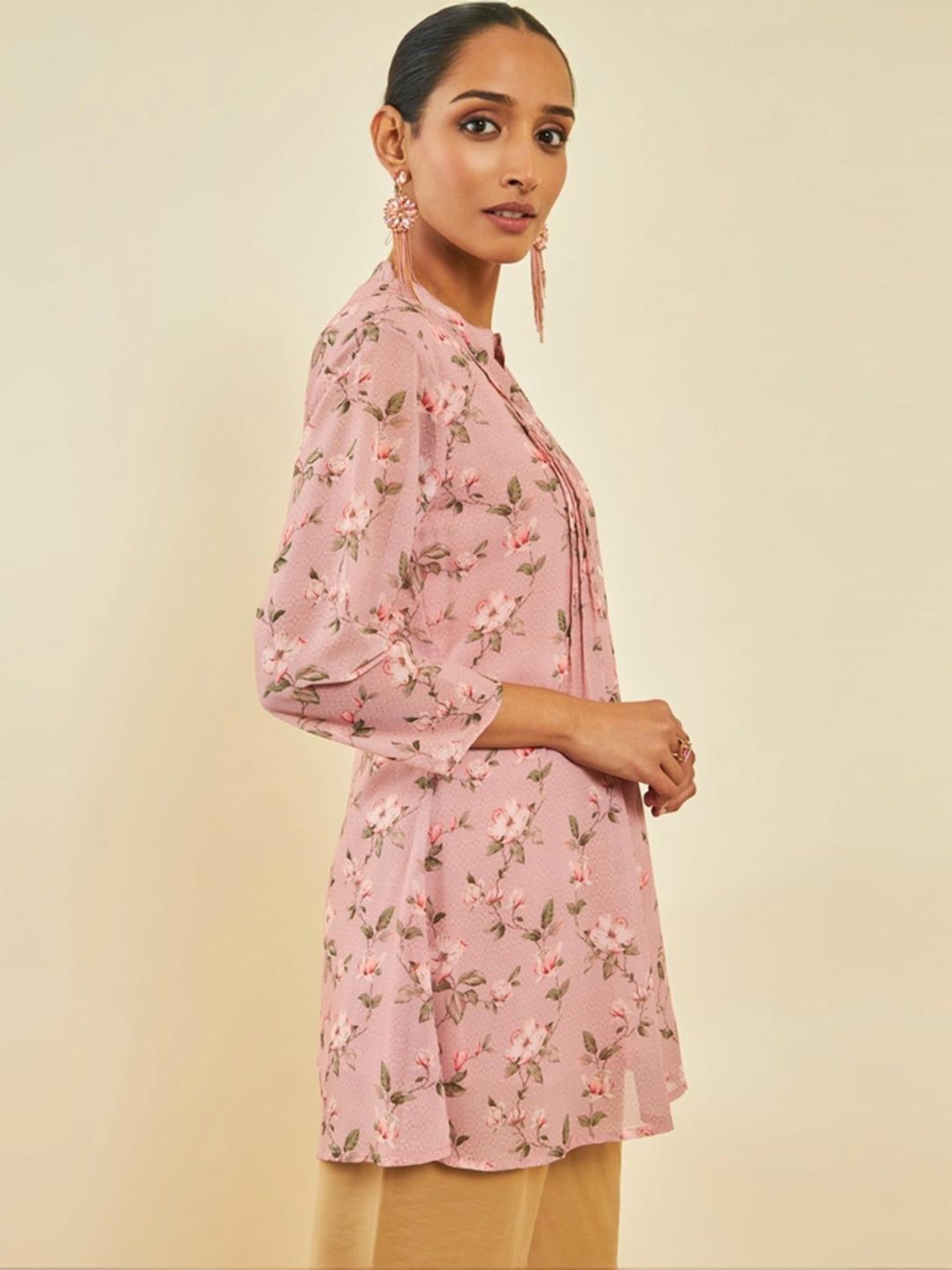 Soch Peach Georgette Floral Print A-Line Tunic
