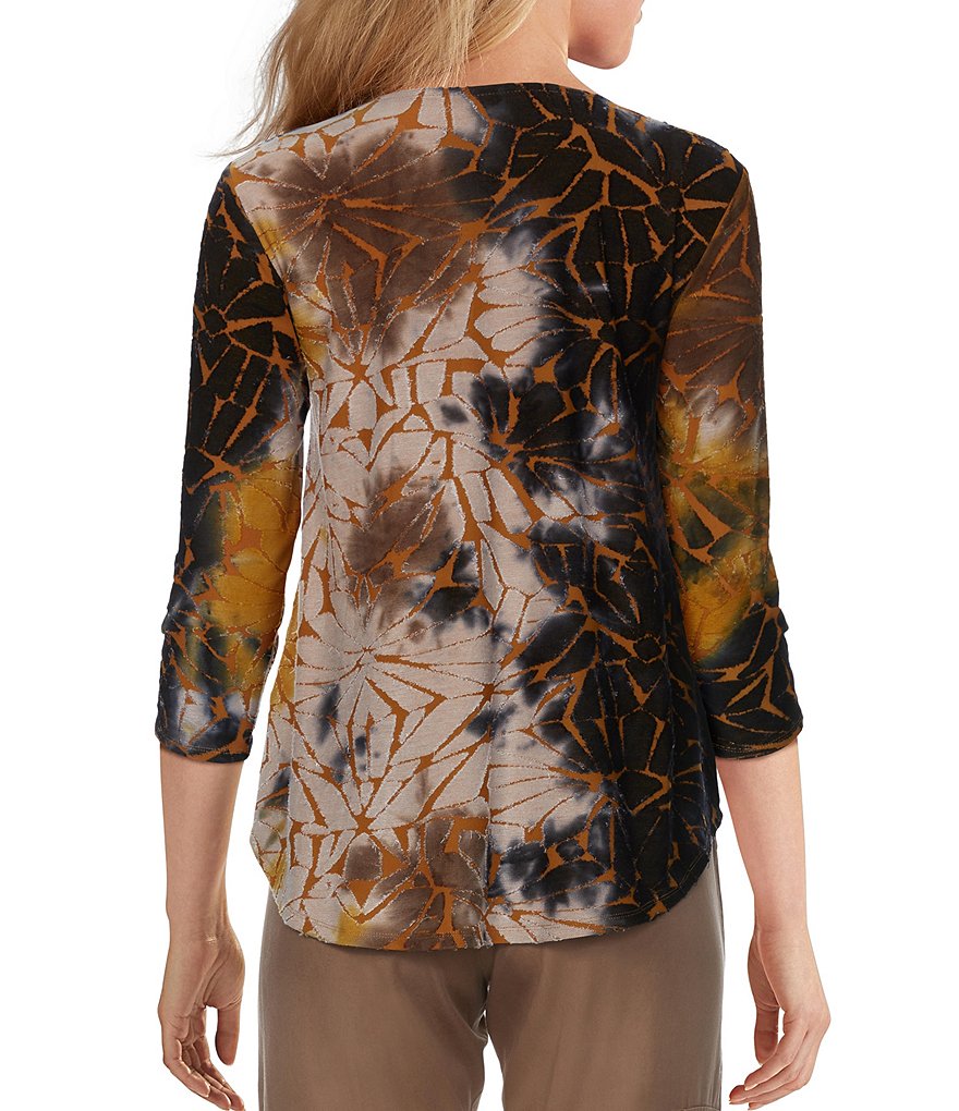 Ruby Rd. Tie Dye Palm Burnout Knit Ring V-Neck Detail 3/4 Sleeve Top