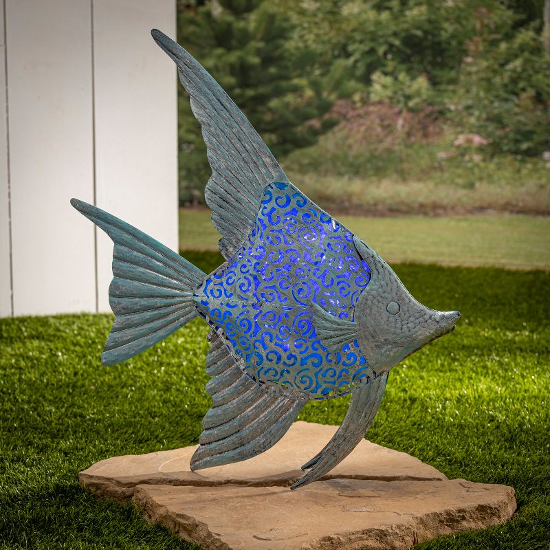 Garden Meadow 24-Inch High Solar LED Metal Angel Fish, blue.