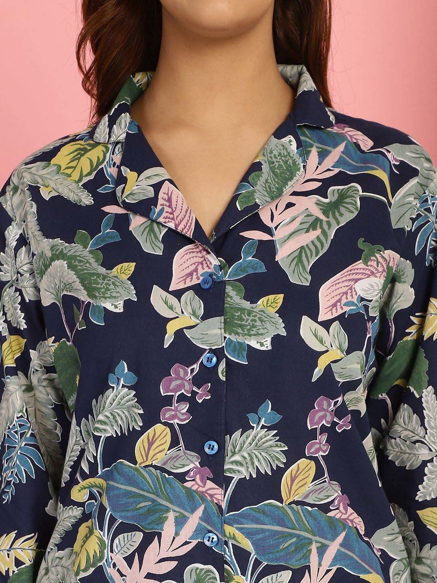 TAG 7 Navy Cotton Printed Shirt Pyjamas Set