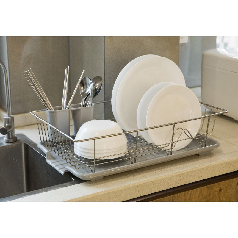 Basicwise Stainless Steel Dish Rack with Plastic Drain Board and Utensil Cup