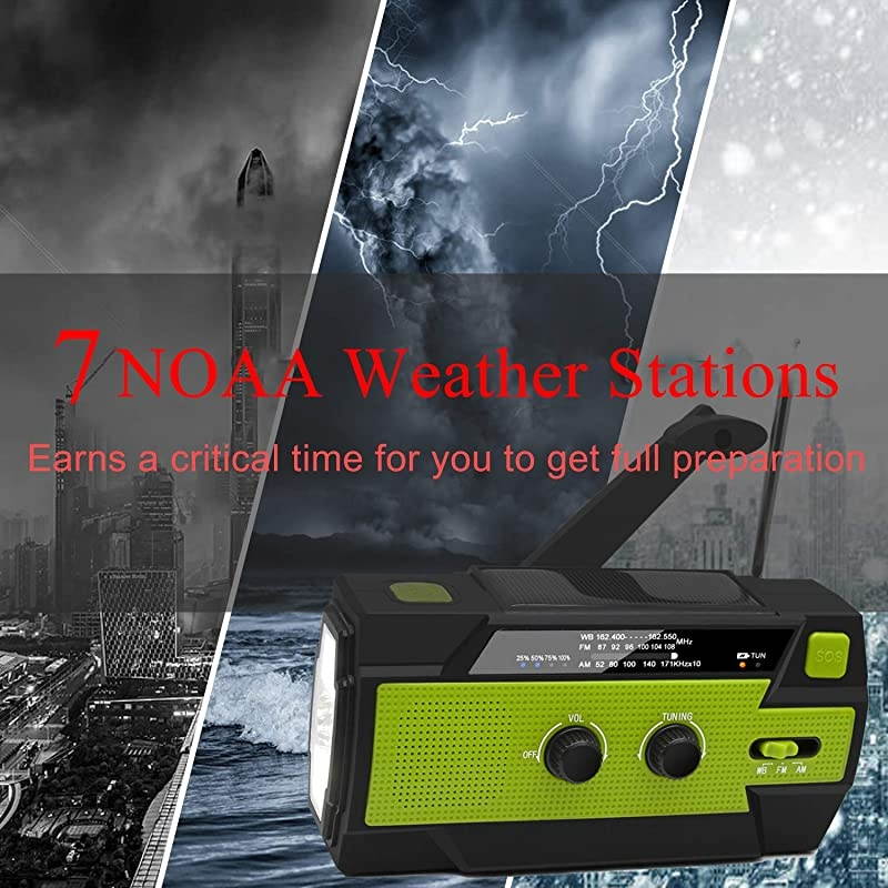 Newest EmergencyHandCrankRadio4000mAh Portable Weather Solar Radios with Motion Sensor Reading Lamp3 Gear LED FlashlightSOS AlarmCell Phone ChargerAMFMNOAA Green