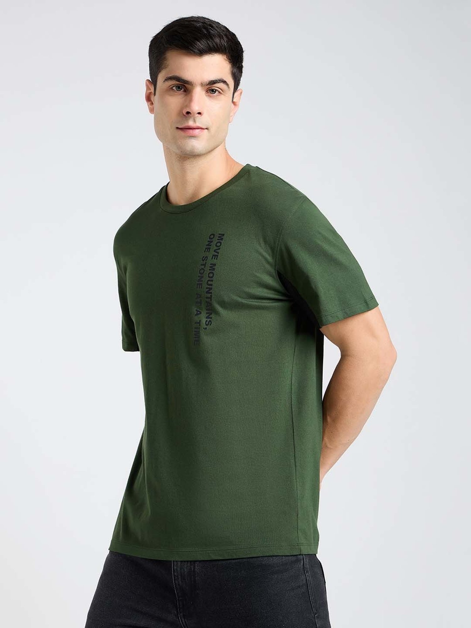 EDRIO Olive Regular Fit Printed Crew T-Shirt