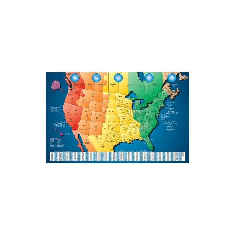 Set of 6 North America Laminated Gloss Full Color Time Zone Area Code Maps Incudes Reverse Lookup Desk Size Large 11 x 17