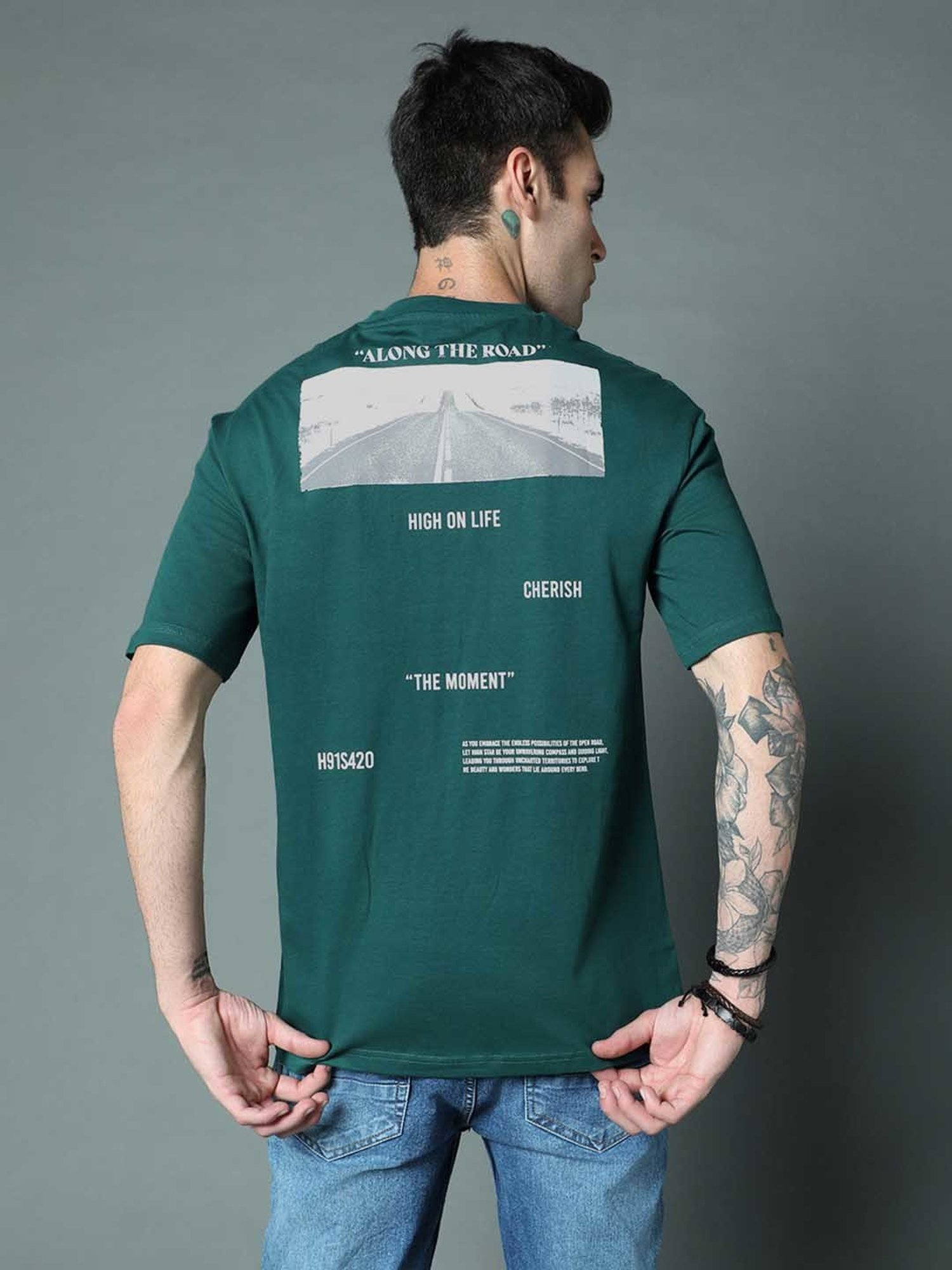 High Star Green Relaxed Fit Printed Crew T-Shirt