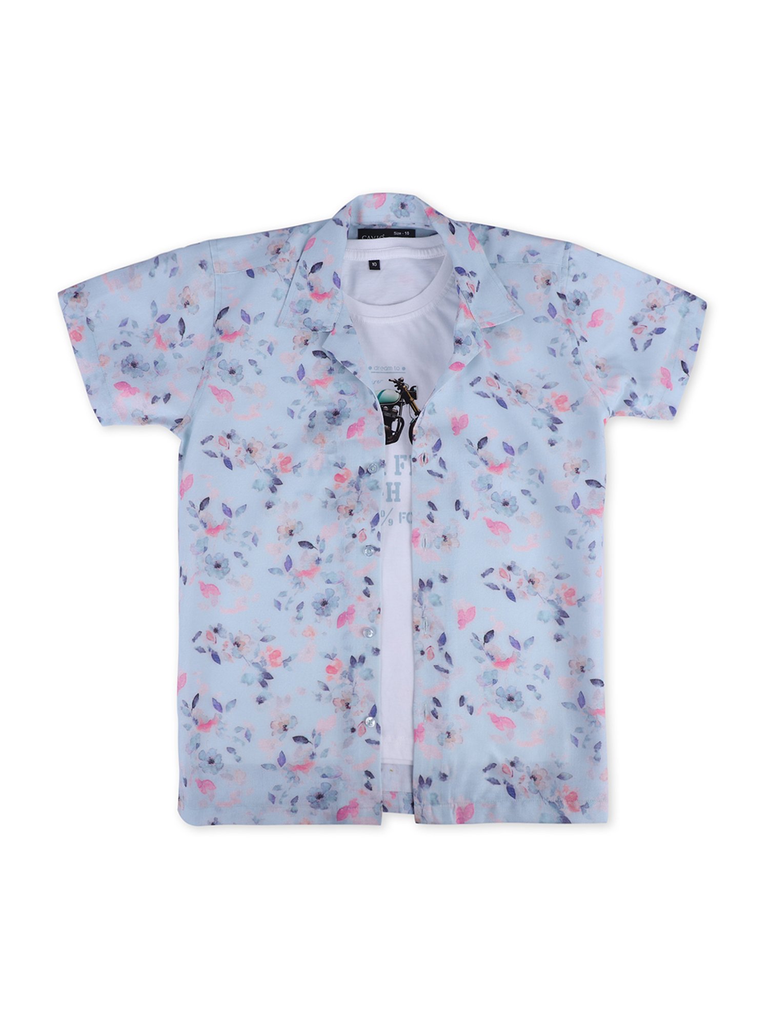 Cavio Kids Sky Blue Floral Print Shirt with T-Shirt