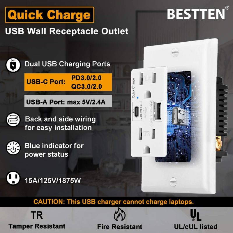 [2 Pack] BESTTEN USB Quick Charge Receptacle Outlet, Type C Supports PD & QC 3.0, 15A Tamper Resistant AC Outlets, UL Listed, White