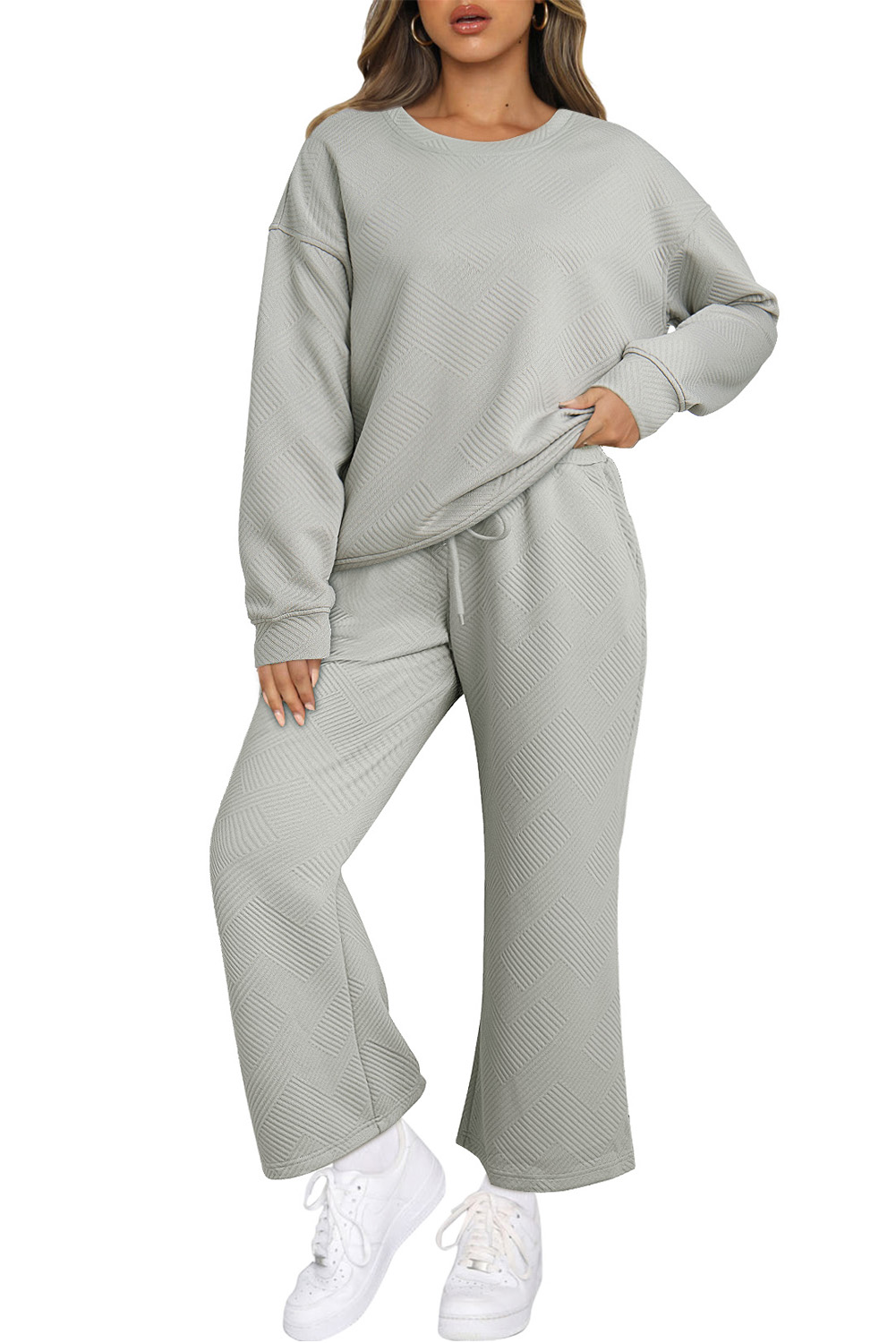 Gray Textured Loose Slouchy Long Sleeve Top and Pants Set