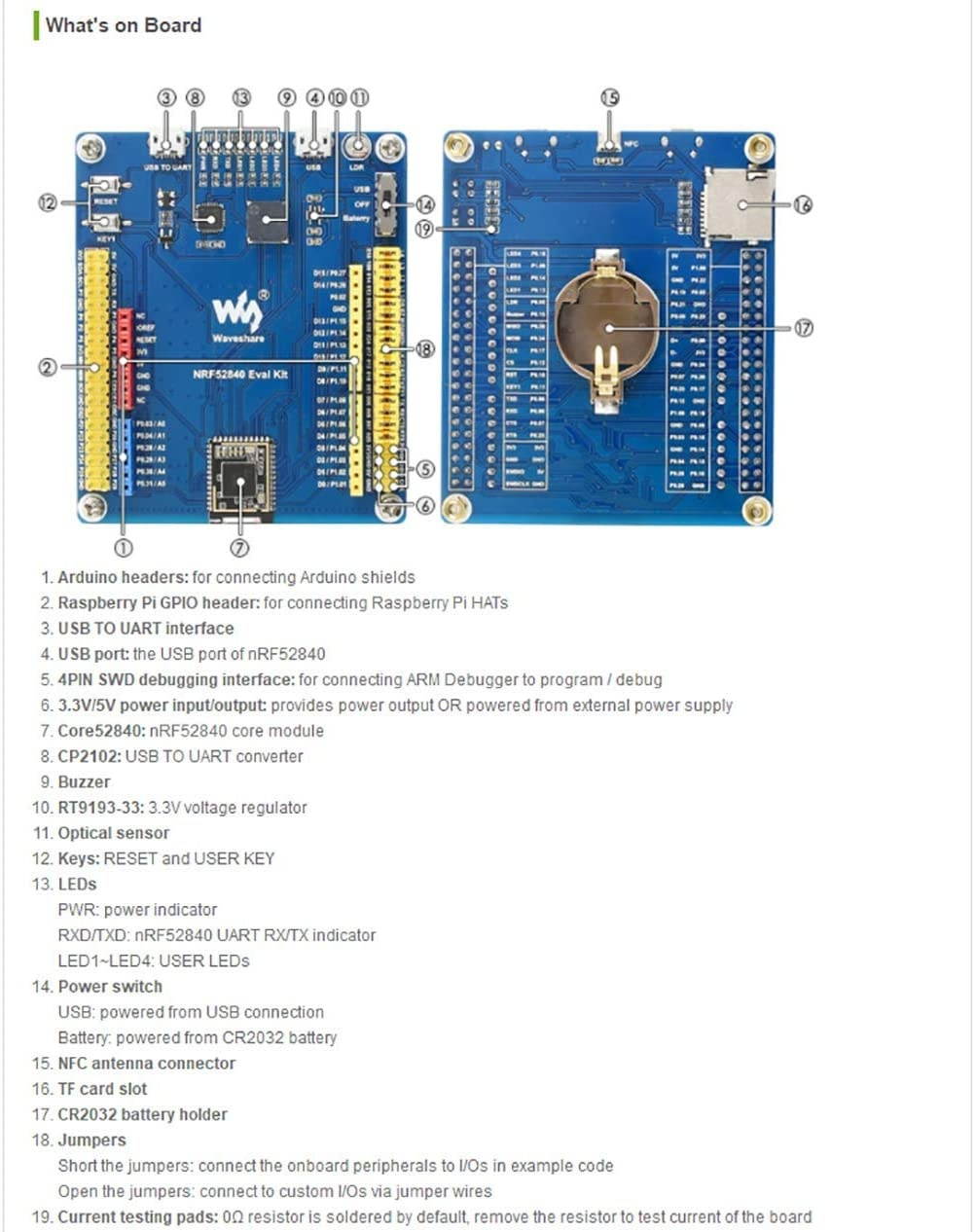 Waveshare nRF52840 Bluetooth 5.0 Evaluation Kit Support Arduino Shields Raspberry Pi Hats Integrates CP2102 USB to UART Bluetooth MESH & 2.4GHz Radio Available