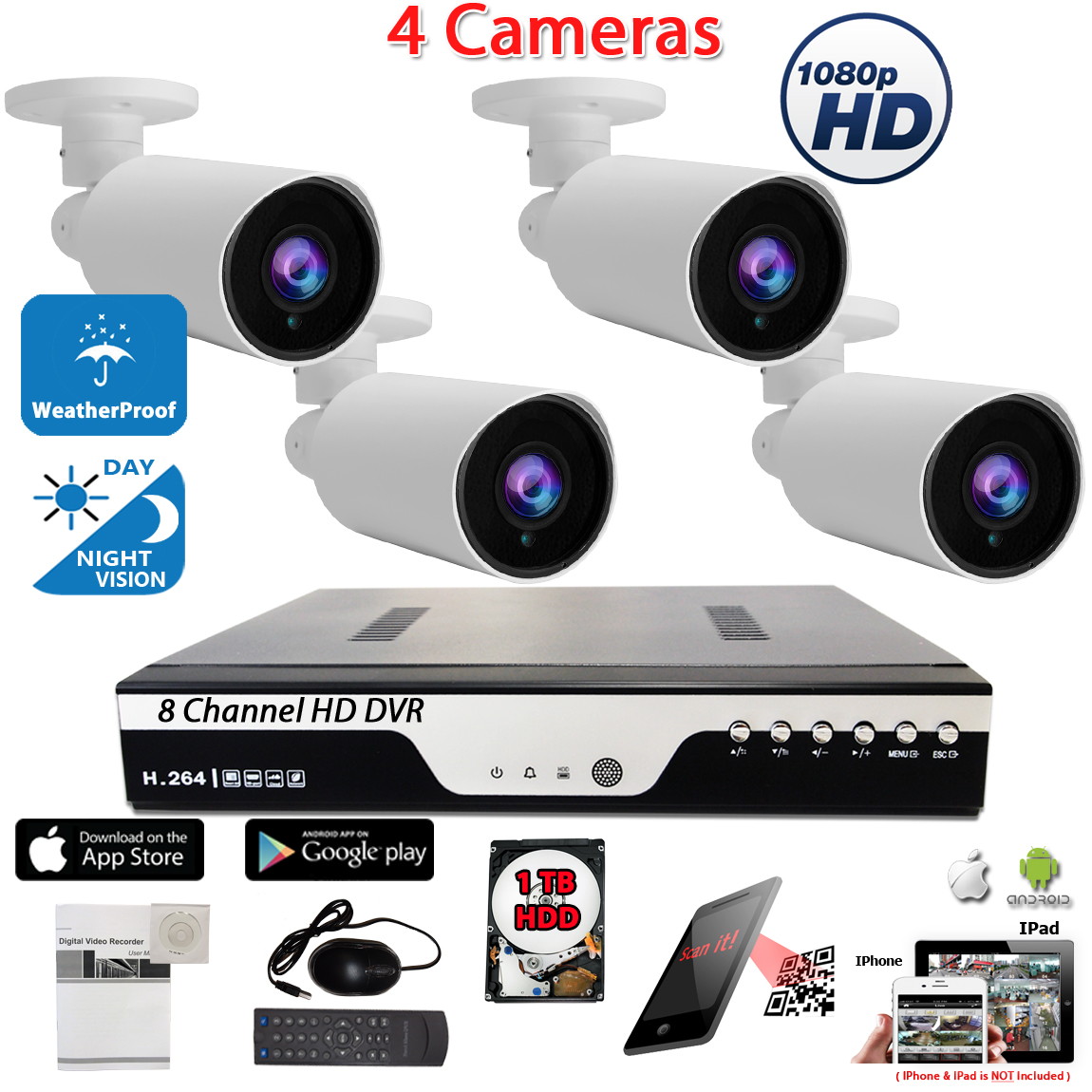 Evertech 8 Channel Surveillance System w/ 1TB Hard Drive recording storage and 4pcs. 1080p HD Indoor Outdoor Bullet Security Cameras