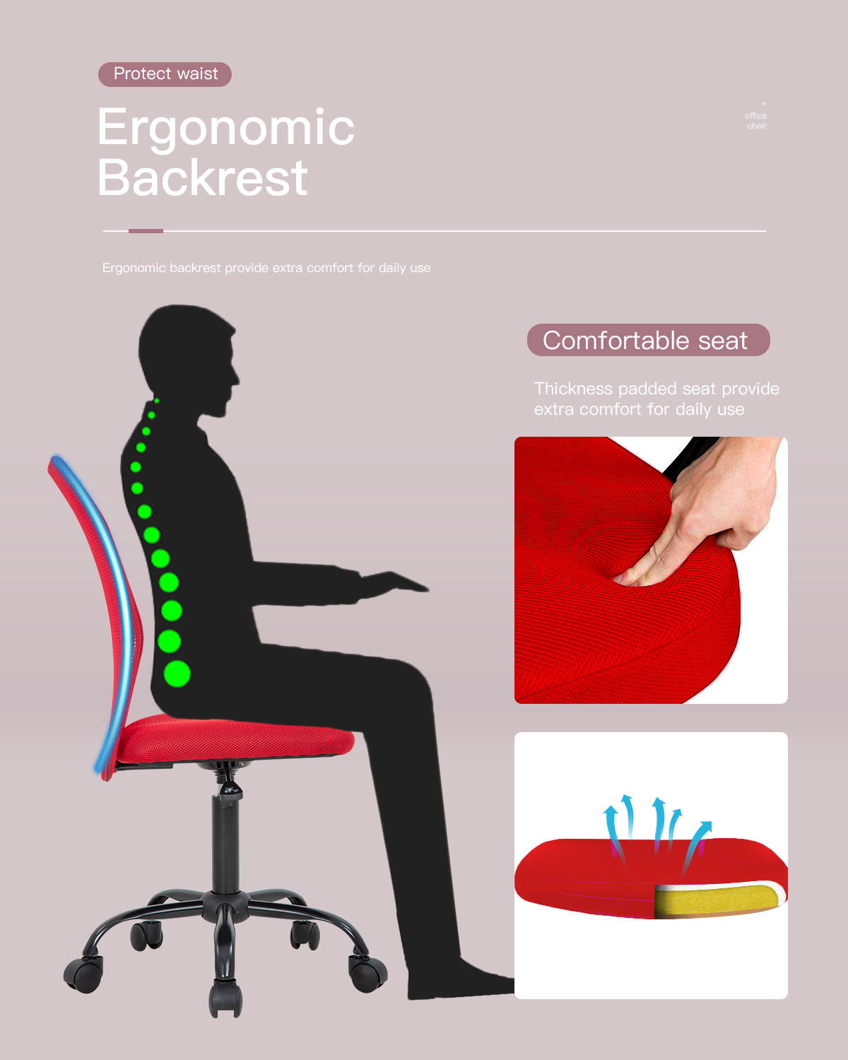 Home Office Chair Ergonomic Desk Chair Mesh Computer Chair with Lumbar Support Rolling Swivel Adjustable Mid Back Task Chair for Girls(Red)