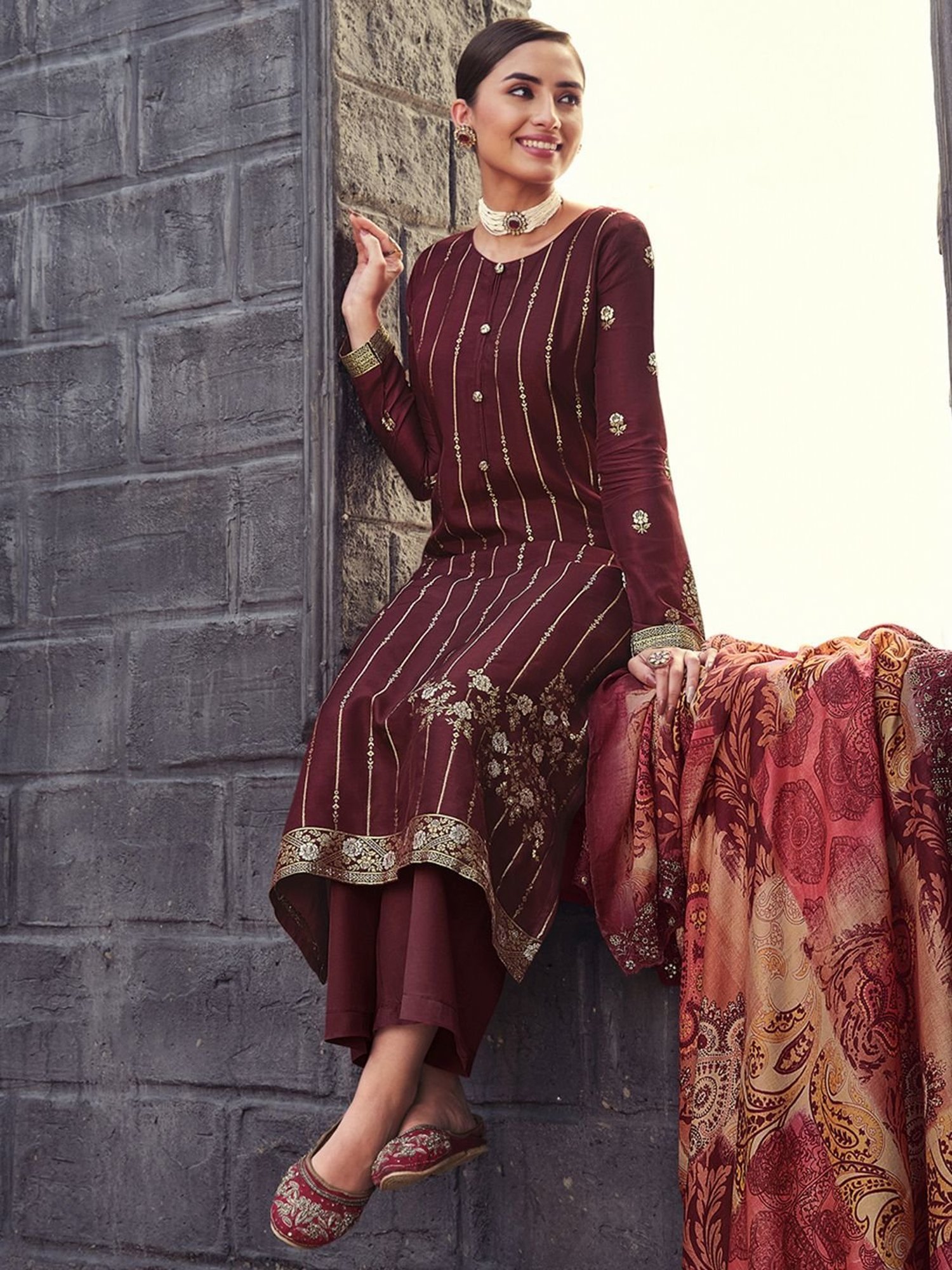 Stylee LIFESTYLE Maroon Woven Pattern Unstitched Dress Material