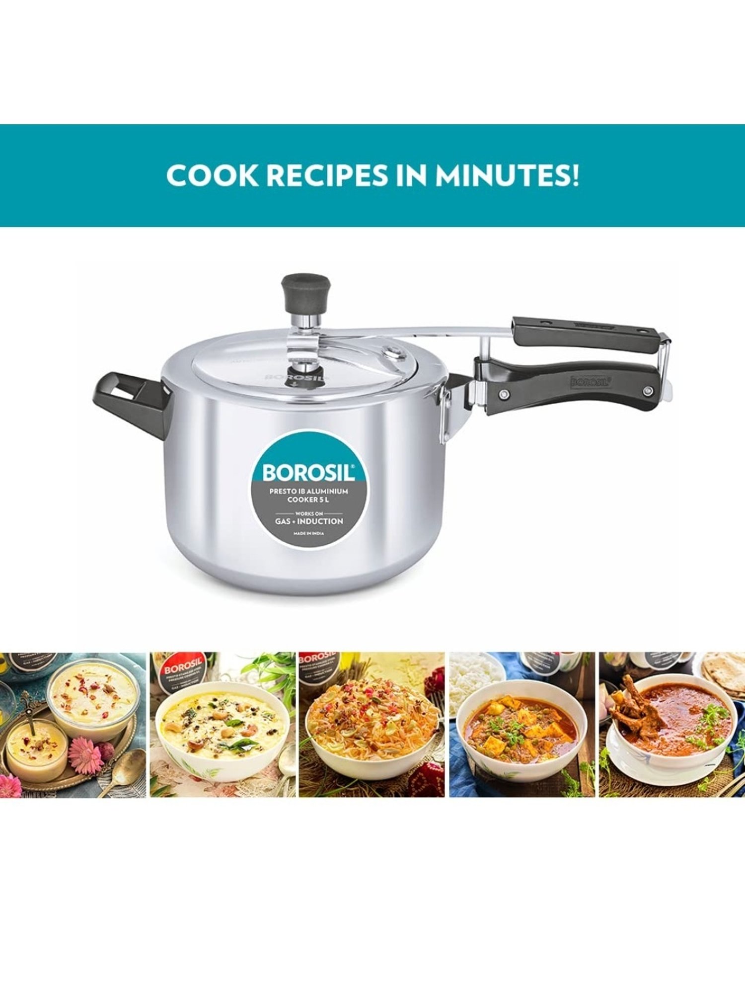 Borosil Silver Aluminium Pressure Cooker (5 L)